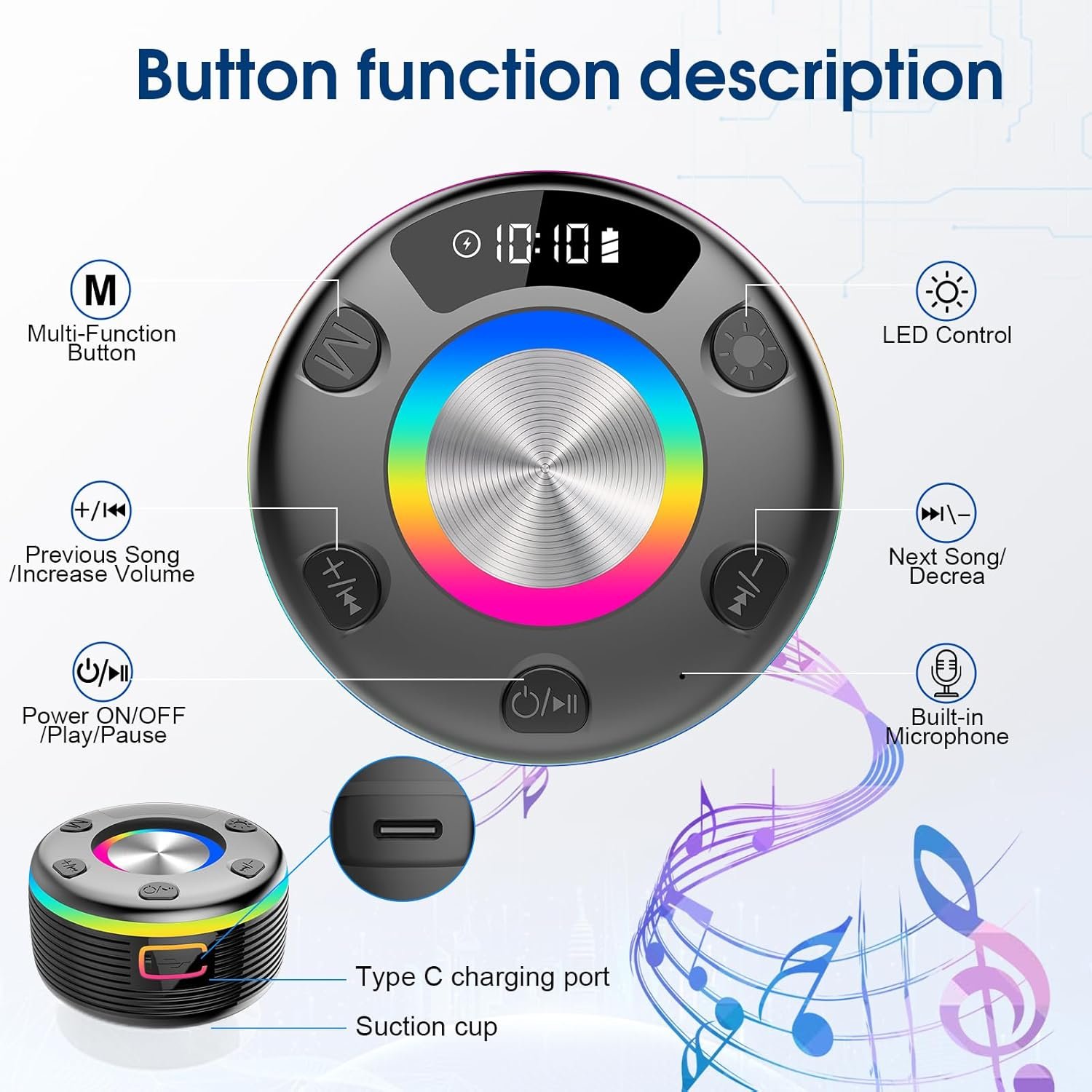 OYIB Bluetooth Shower Speaker, Portable Bluetooth Speaker 360° HD Sound, RGB Lights, FM Radio, IPX7 Waterproof Wireless Speaker with Suction Cup and Mic, Shower Radio for Party/Outdoor/Travel/Gifts - Image 8