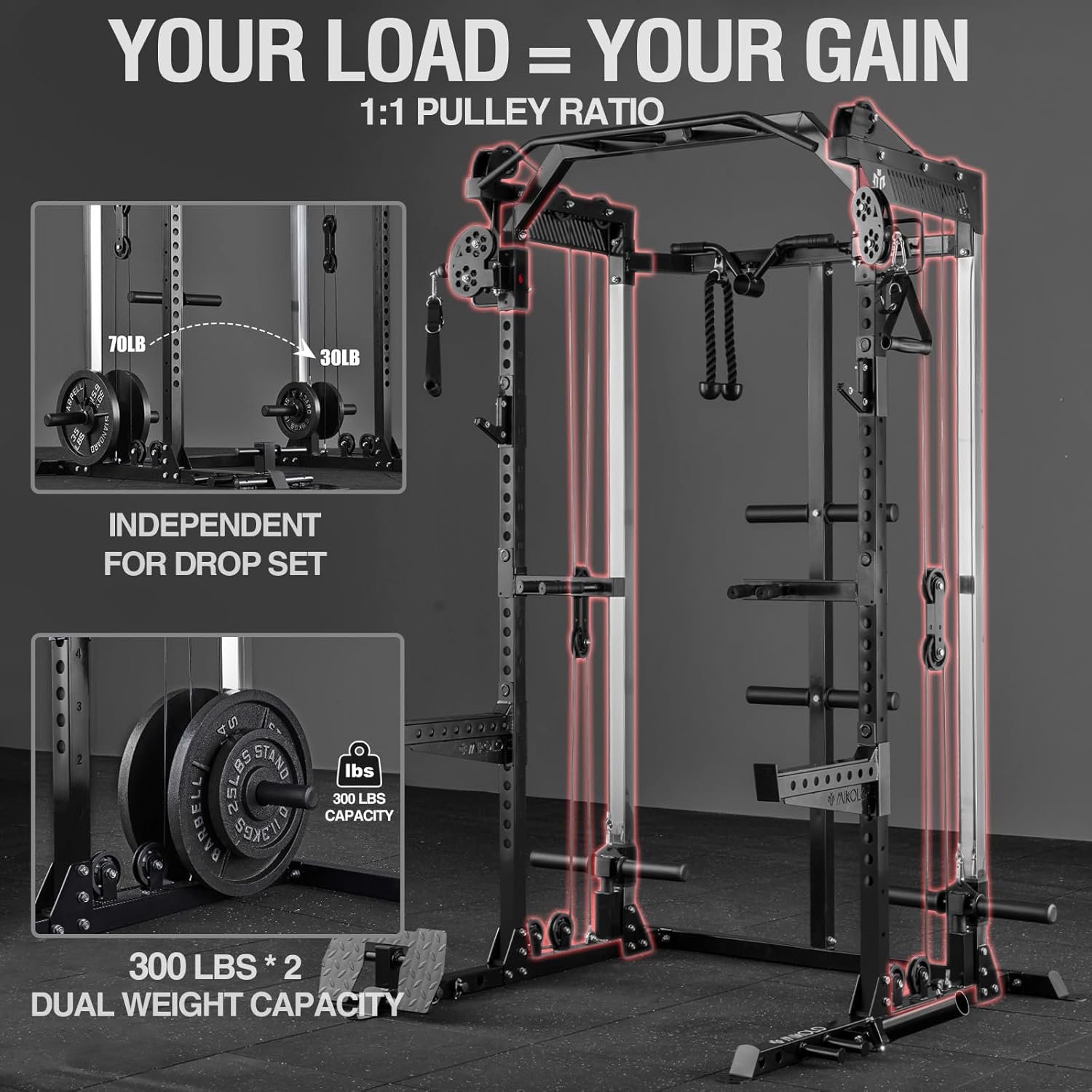 Mikolo Power Cage, 2000LB Squat Rack, Dual Pulley Cable Crossover System, Multi-function Free Weight Home Gym Workout Machine with Attachments - Image 3
