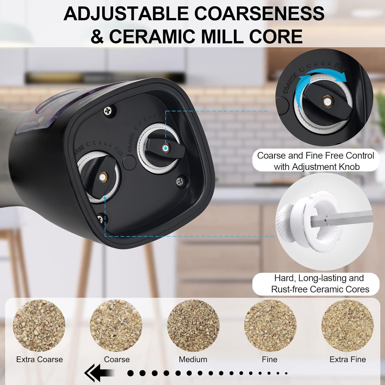 ABLEGRID Electric Salt and Pepper Grinder 2 in 1 Battery Powered, Automatic Pepper Mill & Salt Grinder Refillable, One-handed Operation, Adjustable Coarseness, 2-Button Control, Ceramic Grinding Core - Image 4