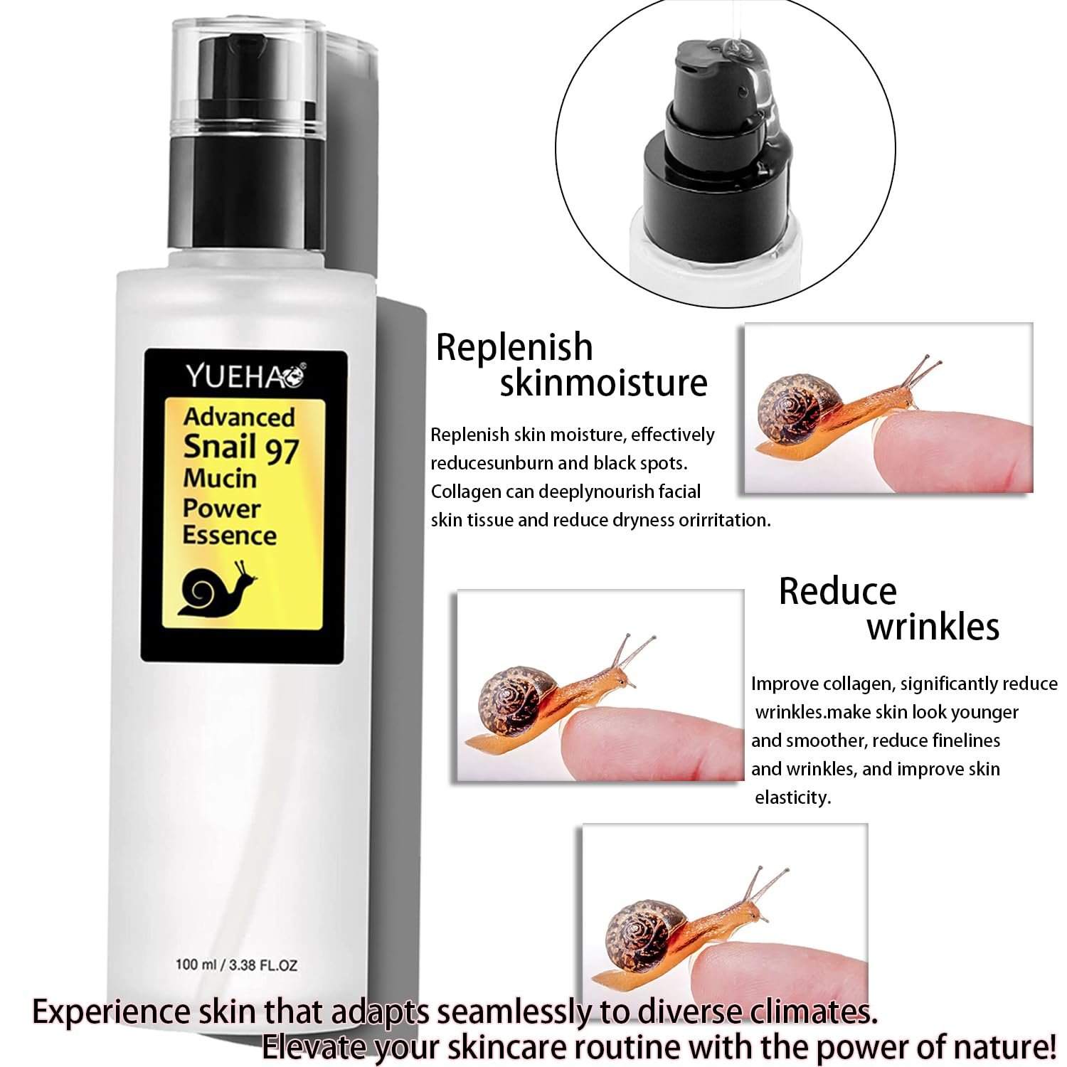 97% Snail Mucin Face Serum Power Repairing Essence, Snail Mucin, Hydrating Moisturizes skin for Dull Skin & Fine Lines."Enhances skin adaptability to various climates.""Distinct New Creations" - Image 4