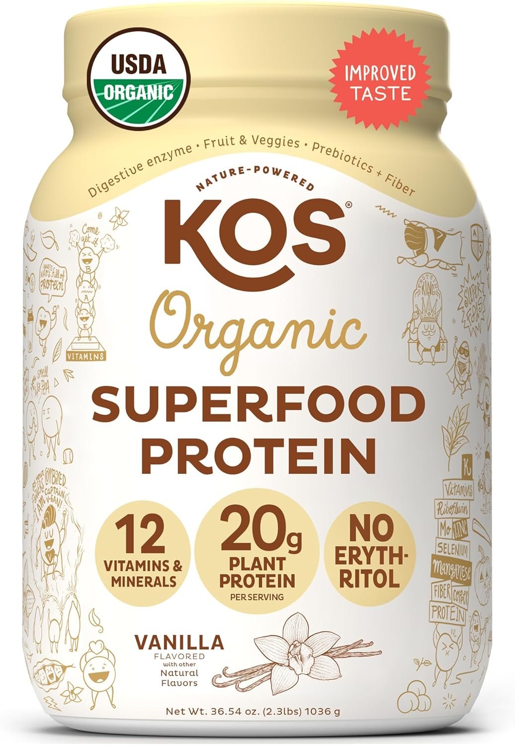 KOS Vegan Protein Powder Erythritol Free, Vanilla USDA Organic - Pea Protein Blend, Plant Based Superfood Rich in Vitamins & Minerals - Keto, Dairy Free - Meal Replacement for Women & Men, 28 Servings - Image 2