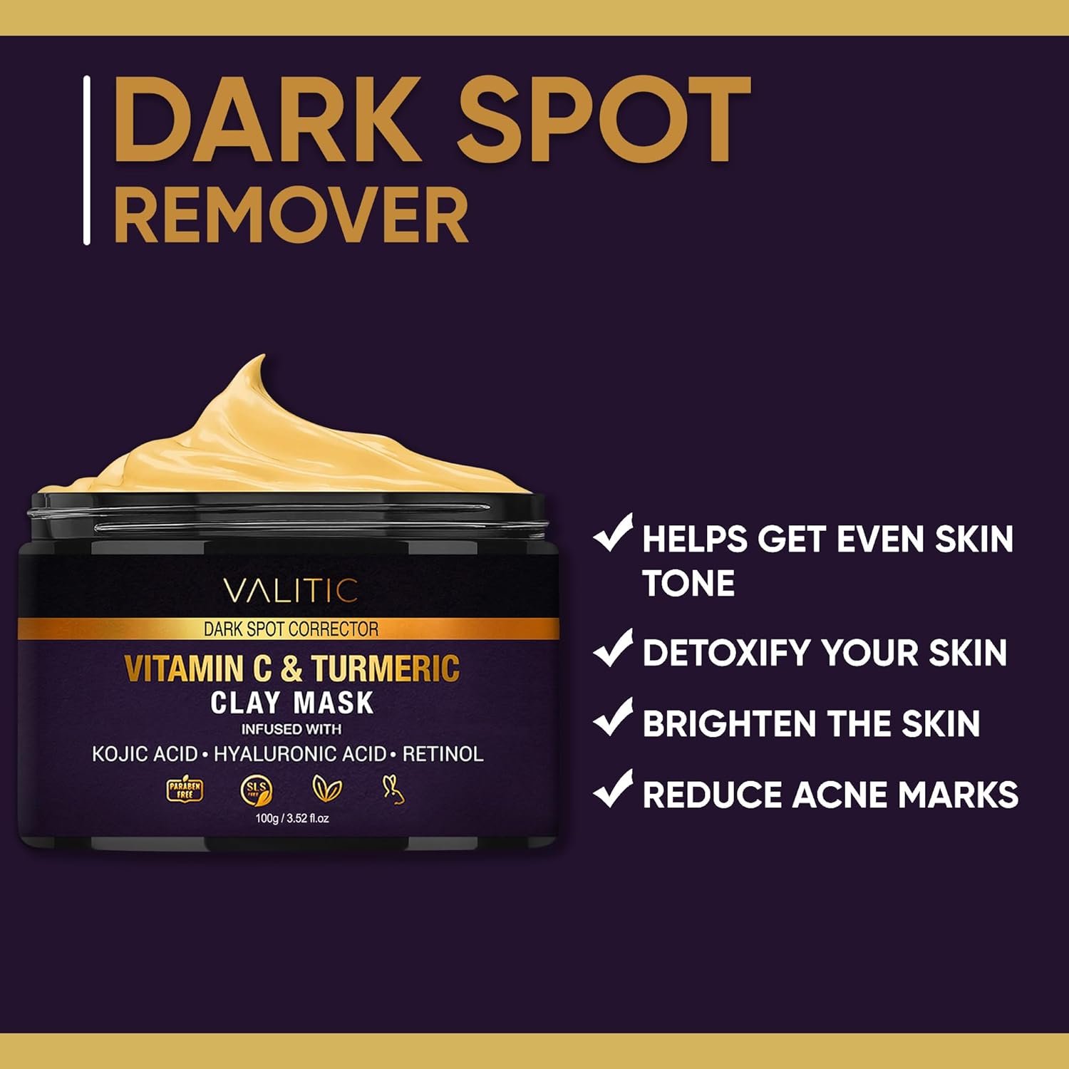 VALITIC Vitamin C & Turmeric Clay Mask - Dark Spot Corrector with Kojic Acid, Hyaluronic Acid & Retinol - Skin Care Routine for Minimizing Pores & Blackheads - with Applicator Brush - 100g - Image 3