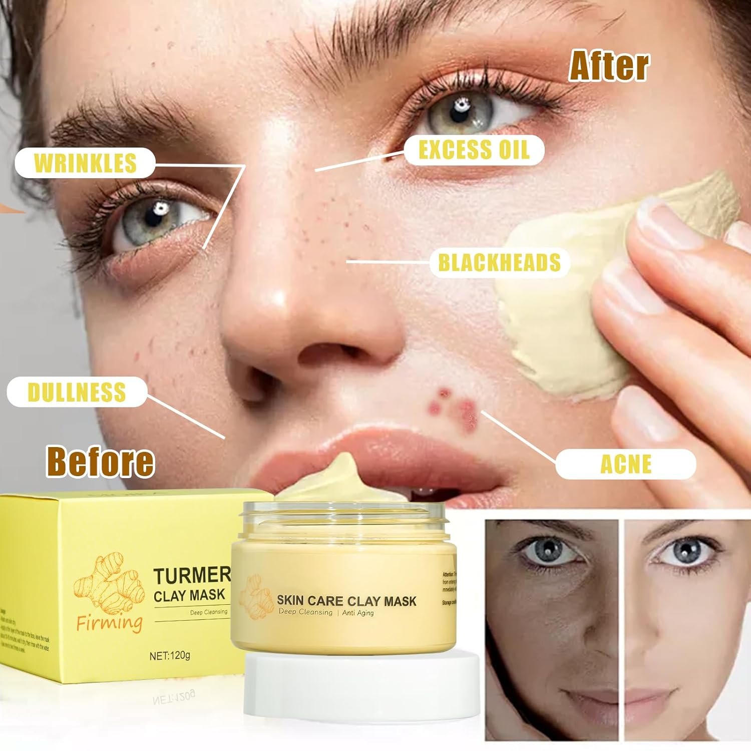 Turmeric Soap Bar Turmeric Clay Mask Turmeric Eye Cream Set of 3, Turmeric Facial Mask for Face with Kaolin Clay, Control Oil & Deep Cleansing, Natural Turmeric Soap for Acne, Blackheads & Smooth Skin - Image 6