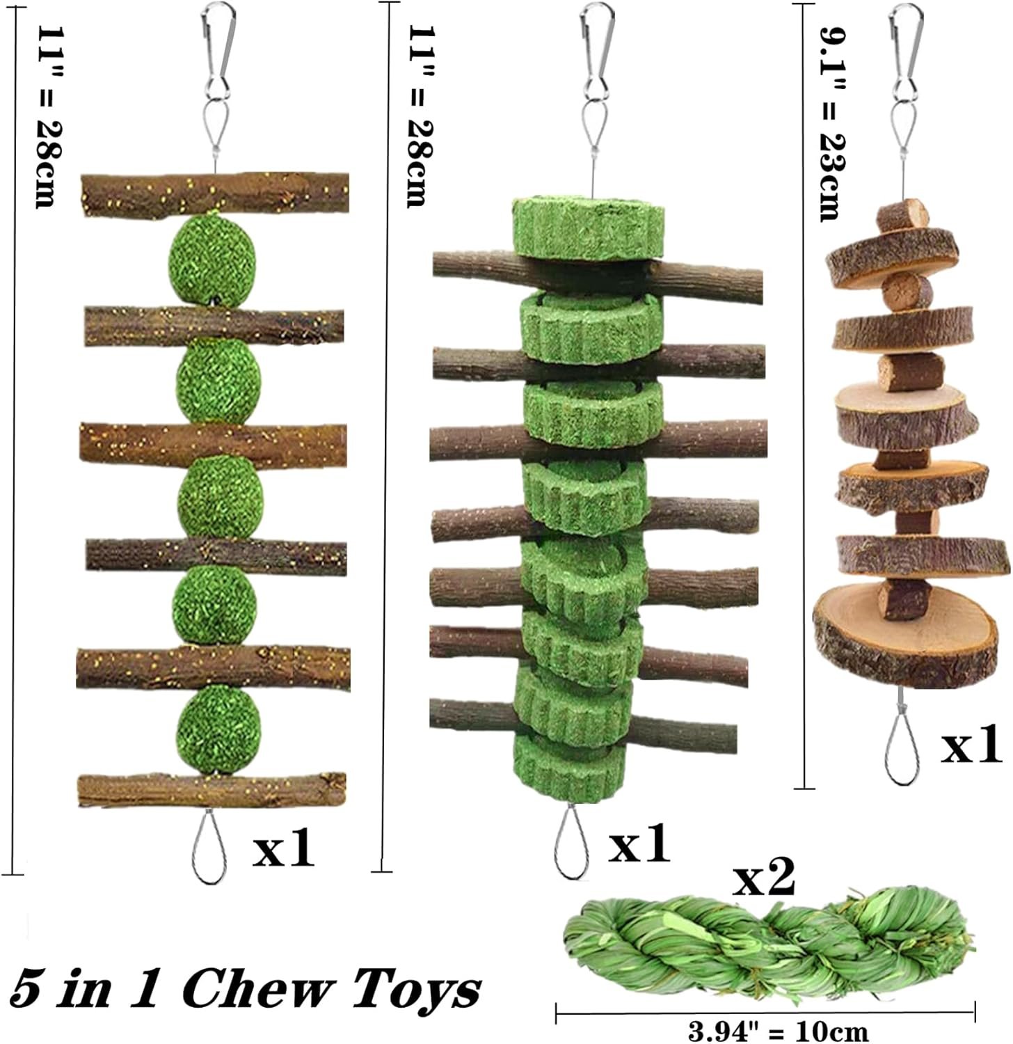 5pcs Rabbit Toys,Bunny Chew Treat for Teeth Grinding,Hanging Timothy Hay Ball +Apple Stick Wood +Alfalfa Grass Cake Food Snack for Cage Guinea Pig Chinchilla Hamster Squirrel Gerbil Rat Parrot - Image 3