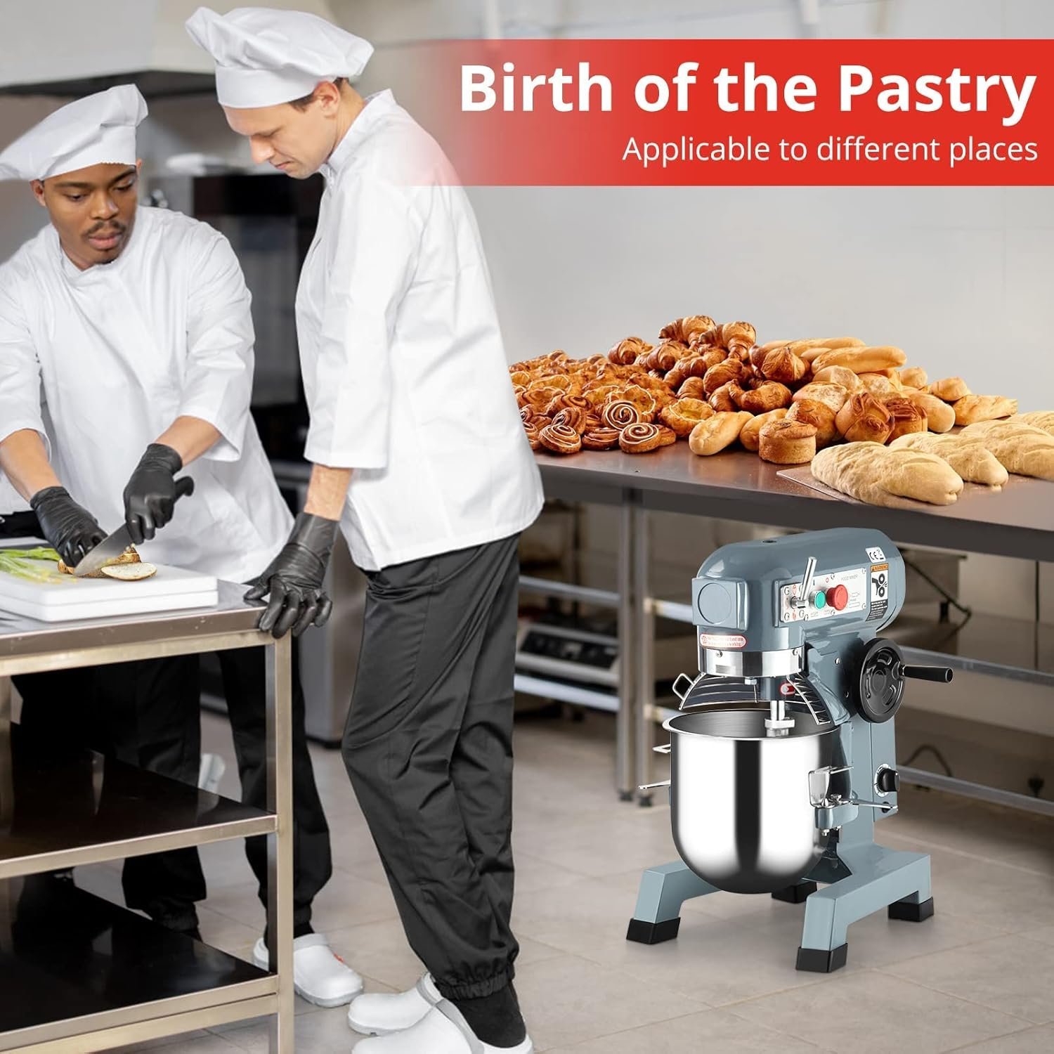 Commercial Food Mixer 15QT 600W 110V 3 Speeds Adjustable, Stand Mixer Dough Kneading Machine with Stainless Steel Bowl Dough Hooks Whisk Beater, With Safety Guard for Bakeries Restaurants Pizzerias - Image 6