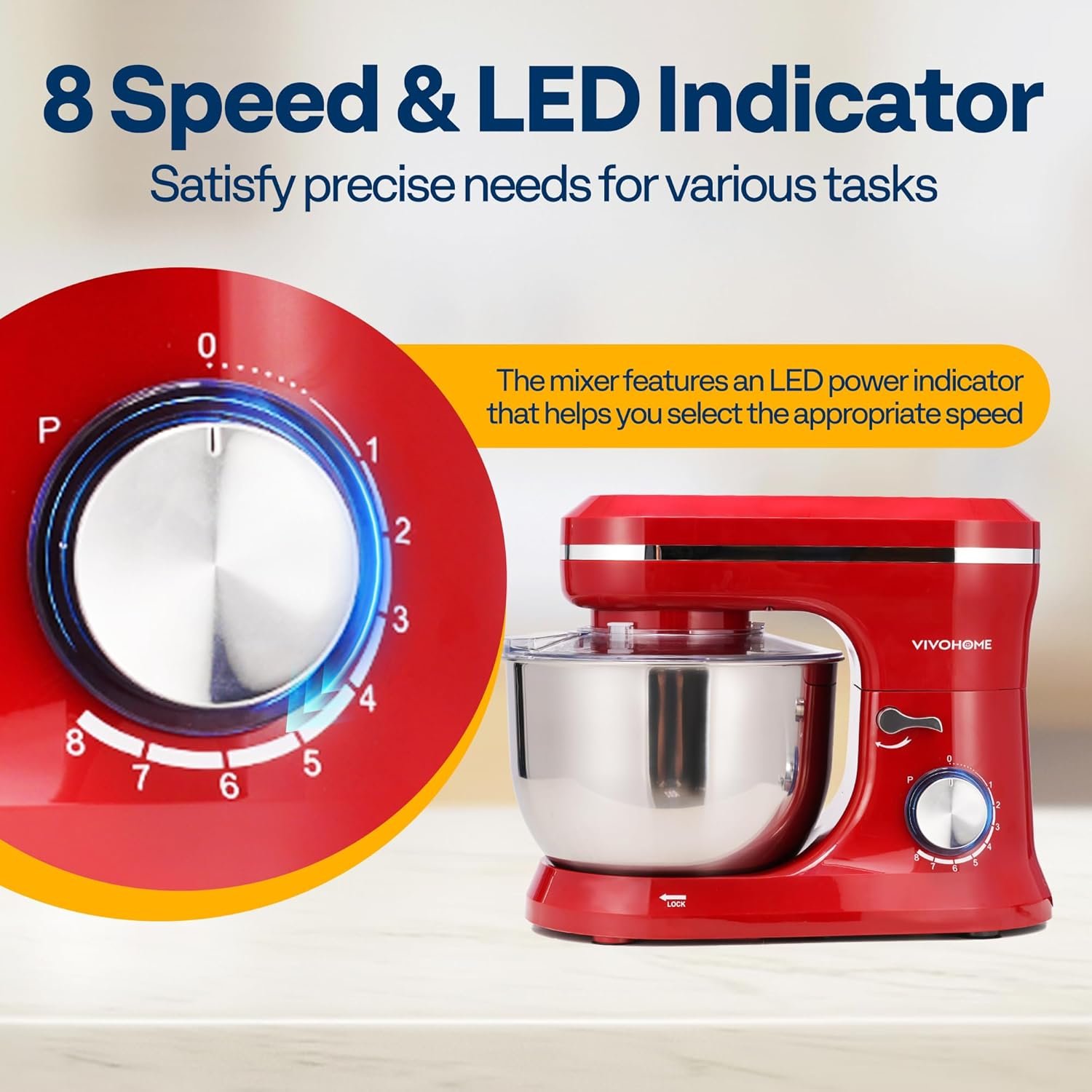 VIVOHOME 4.75 Quart Stand Mixer, 8 Speed Kitchen Electric Food Mixer, Household Stand Mixer for Baking, Cake, Bread with Beater, Dough Hook, Wire Whip and Egg Separator, Red - Image 5