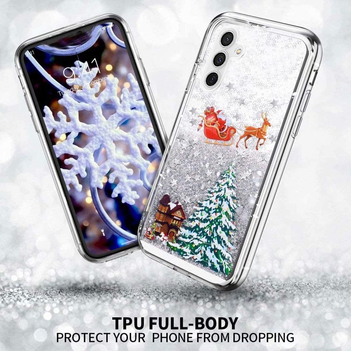 for Galaxy A14 5G Phone Case Galaxy A14 5G Case Christmas Phone Case Glitter Sparkle Liquid Floating Case Shockproof Clear Soft TPU Bumper Cover Xmas Santa Claus Silicone Case, Silver - Image 3