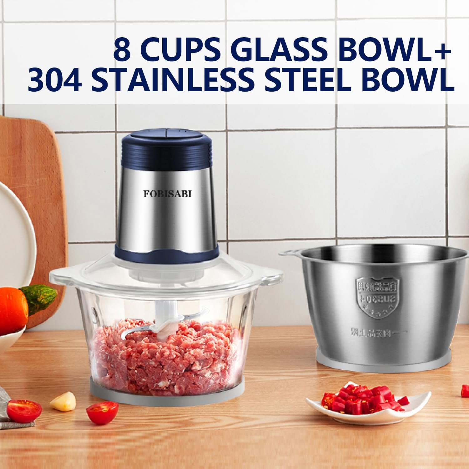 Food Processor- Electric Meat Grinder and Food Chopper With 2 Bowls (8 Cup+ 8 Cup) with Powerful 300W Copper Motor- Includes 2 Sets of Bi-Level Blades for Meat Vegetables Fruits and Baby Food (Blue) - Image 3