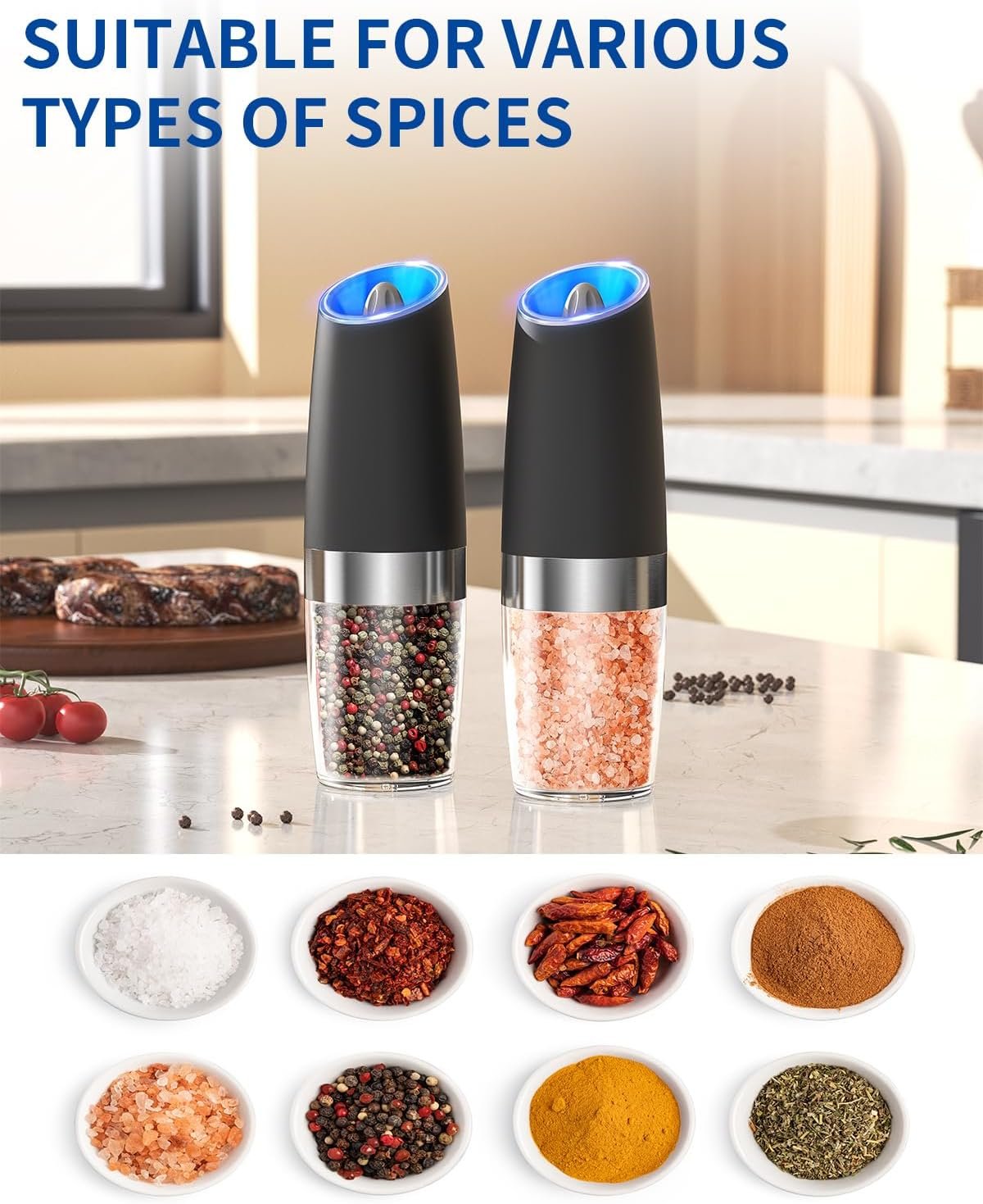 CIRCLE JOY Graviry Electric Salt and Pepper Grinder Set Automatic Salt and Pepper Grinder Set with LED Light, Battery Operated, Adjustable Coarseness, Large Capacity, for Home Kitchen BBQ - Image 6