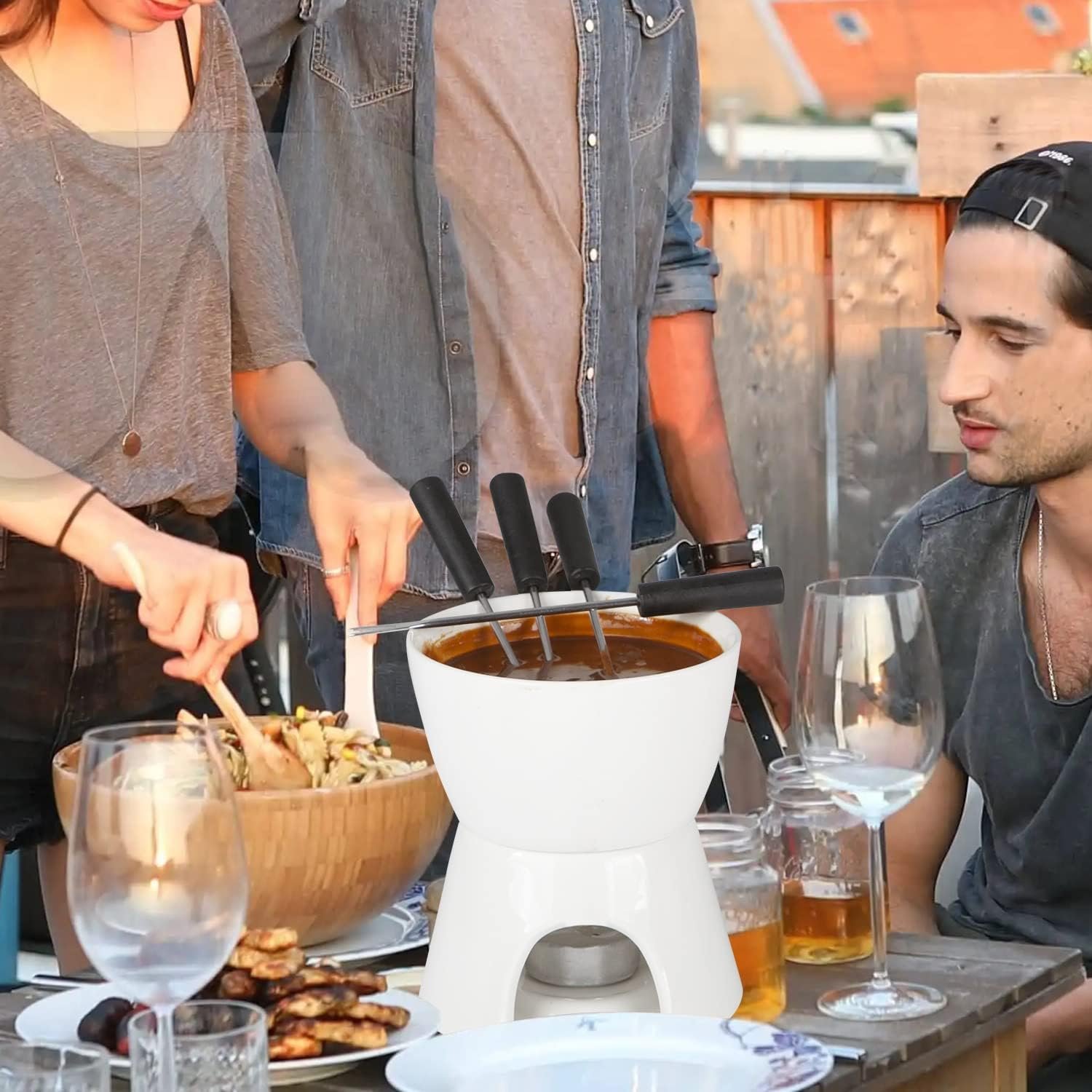 Fondue Pot Set with 4 Dipping Bowls and 4 Forks Ceramic Butter Warmer Set, Use Tea Light Porcelain Melting Pot Heat for Cheese, Chocolate and Tapas - Image 4