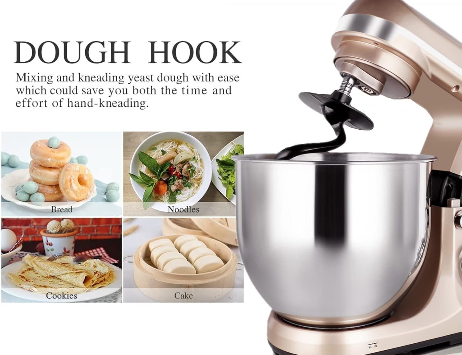 Professional Stand Mixer, 6-Qt with Timer, MK37 500W 6-Speed Tilt-Head Food Electric Mixer Kitchen Machine,Plastic (Champagne) - Image 9