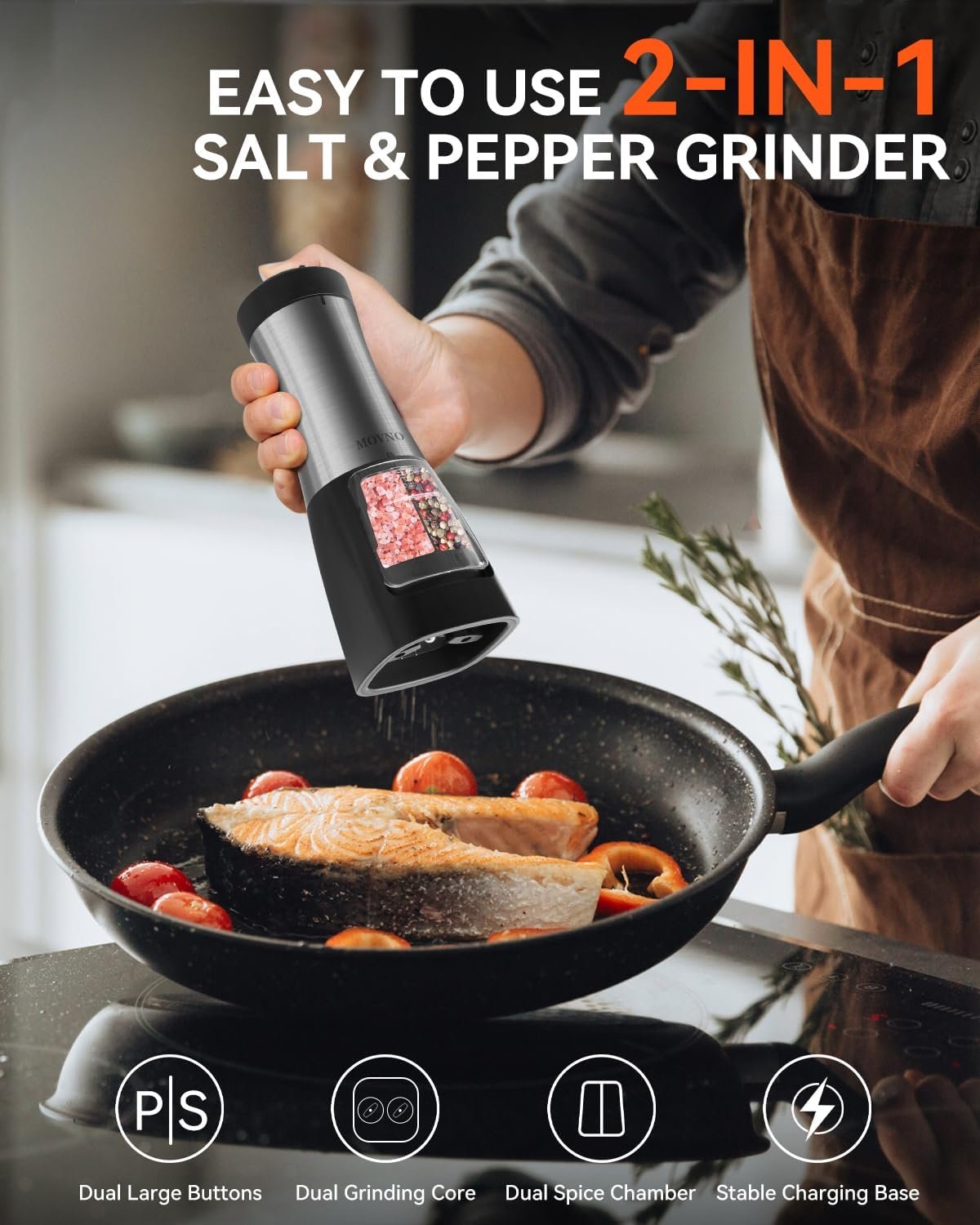 MOVNO 2 in 1 Rechargeable Electric Salt and Pepper Grinder Set with Charging Base, No Need Battery Automatic Salt and Pepper Grinder, One-Handed Operation, Adjustable Ceramic Grinder with LED Light - Image 3