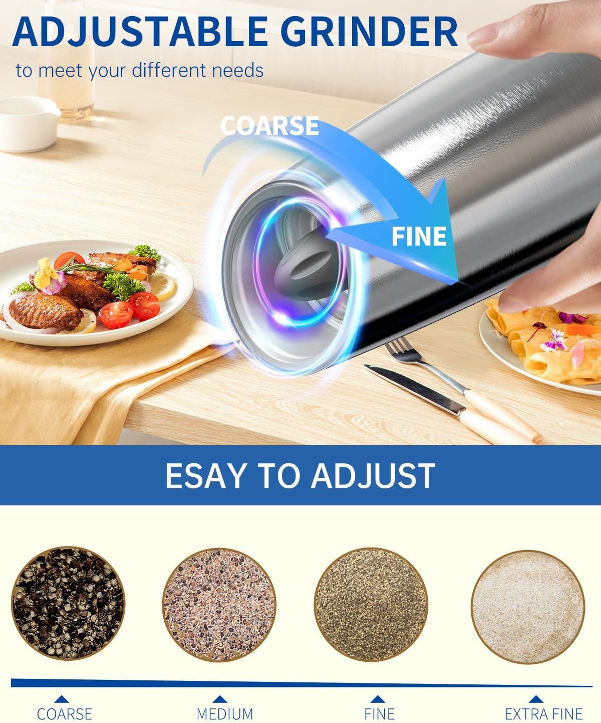 CIRCLE JOY Graviry Electric Salt and Pepper Grinder Set Automatic Stainless Steel Salt and Pepper Grinder Set, Battery Operated, LED Light, Adjustable Coarseness, for Home Kitchen BBQ, Silver - Image 4