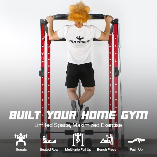 1500 LBS Power Cage, Squat Rack for Home Gym with LAT Pullup System with 3 Grip Variations, Leg Hold-Down Attachment, Weight Cage with More Training Attachment for Garage Workout, Q2 Red - Image 8