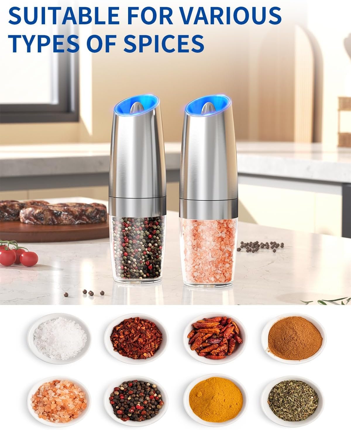 CIRCLE JOY Graviry Electric Salt and Pepper Grinder Set Automatic Stainless Steel Salt and Pepper Grinder Set, Battery Operated, LED Light, Adjustable Coarseness, for Home Kitchen BBQ, Silver - Image 6