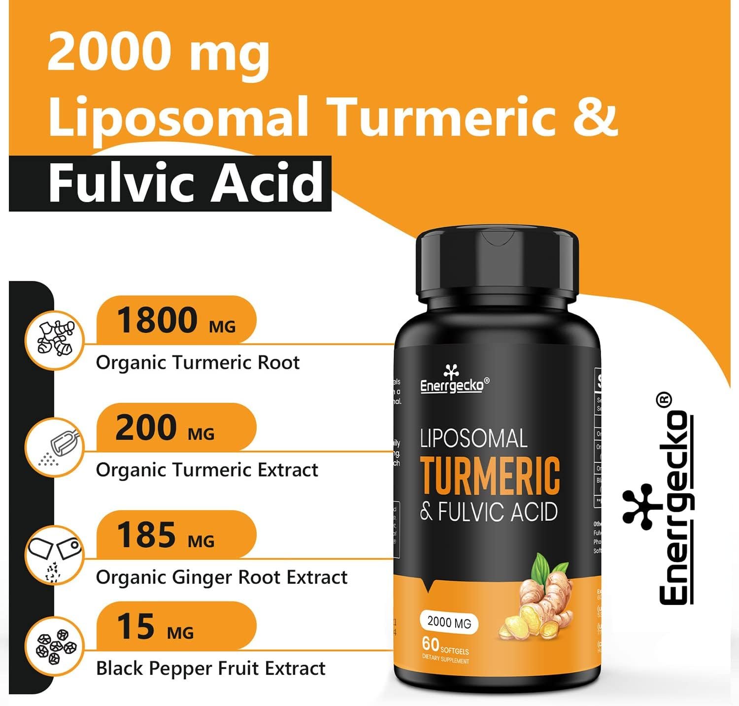 2000 mg Liposomal Turmeric Curcumin with Black Pepper & Ginger for Superior Absorption with Fulvic Acid and Humic Acid 180 Softgels - 3 Month Supply - Image 3