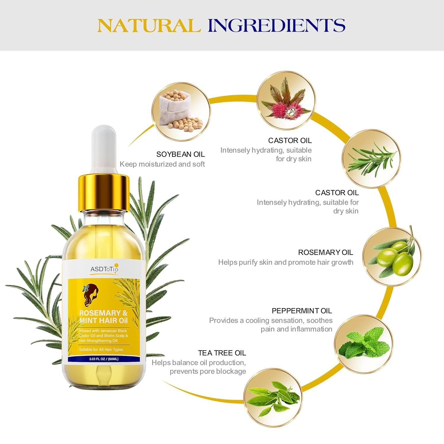 Rosemary Mint Hair Oil with Biotin- For split end care,Nourishes Scalp, Rid of Itchy & Dry Scalp, Anti Hair Loss Hair Strengthening Oil- 2 FL OZ - Image 3