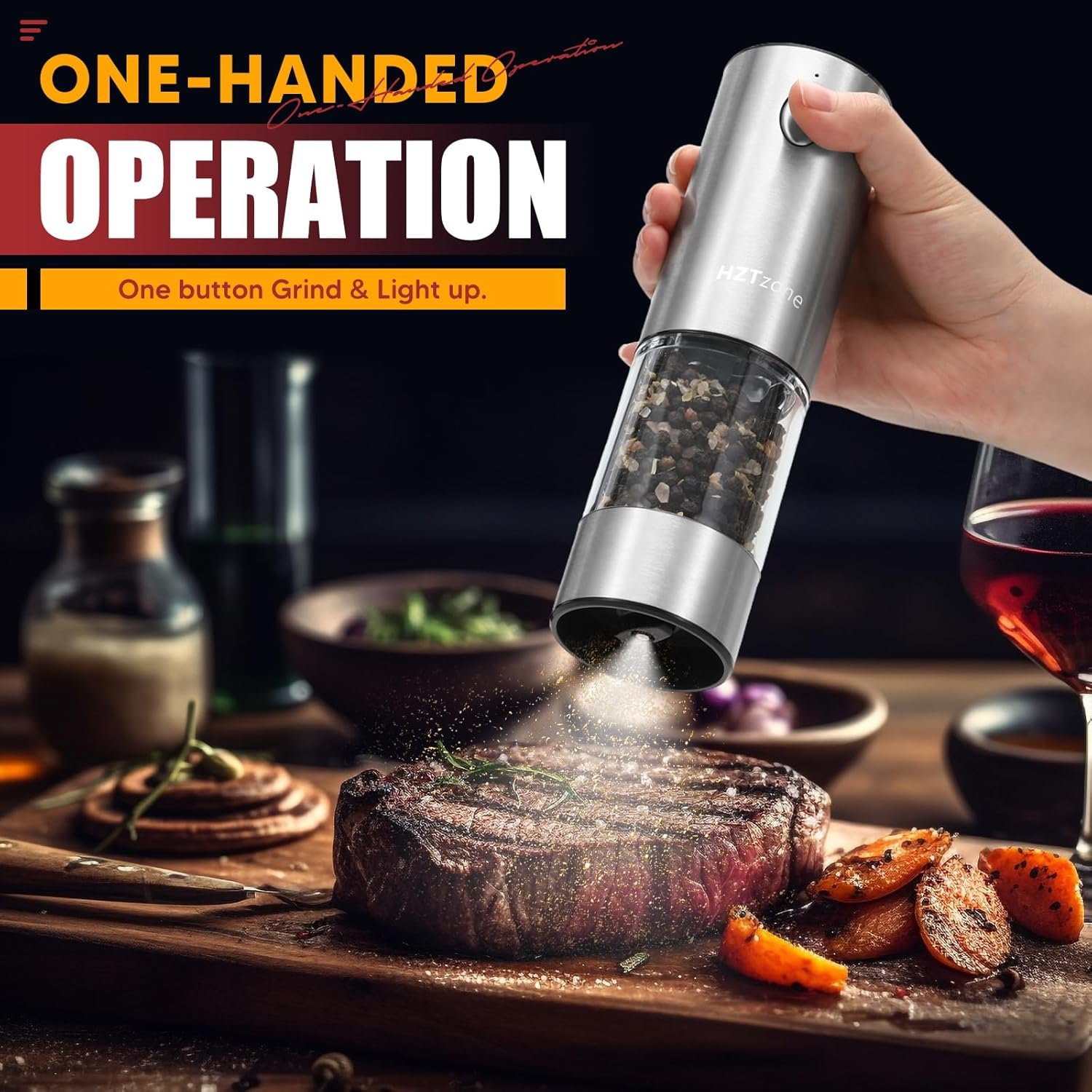 Electric Salt and Pepper Grinder Set with Charging Base, Stainless Steel Rechargeable Pepper Mills with 95ml Large Capacity, White LED Light and Adjustable Coarseness Grinder Ideal for Home, Kitchen - Image 3