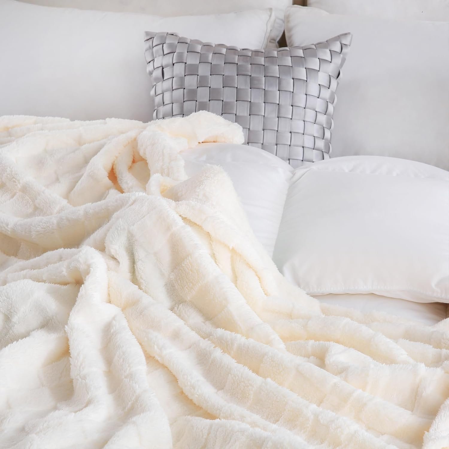 Cream White Fleece Throw Blanket 50”×60” for Couch Sofa Bed,Super Soft Cozy Plush Microfiber Flannel Blanket with 3D Checkered Design Lightweight for Adults,Woman,Girls - Image 5