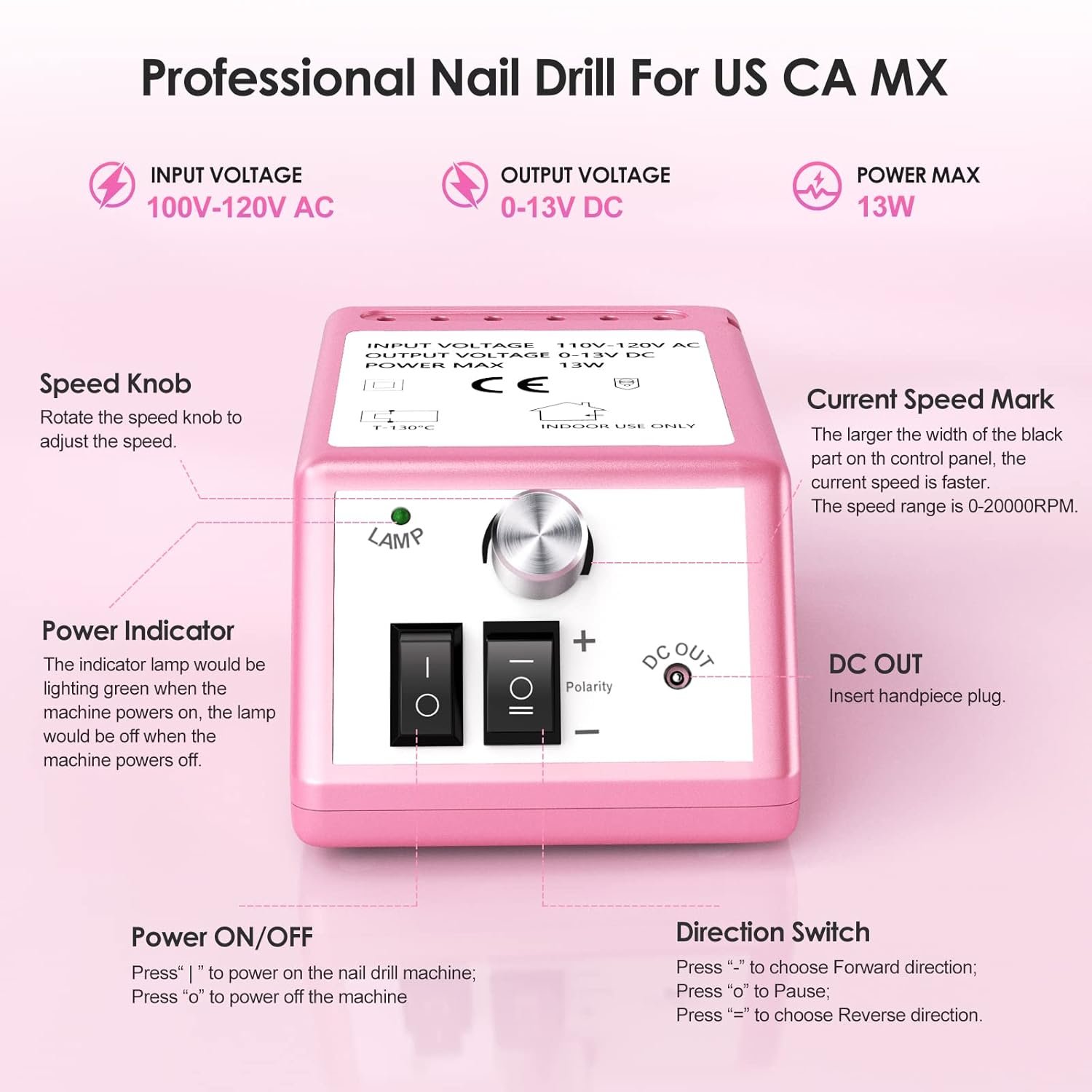 Professional Nail Drill Machine 20000 RPM Efile Electric Nail Filer Kit for Finger Toe Nails, Acrylic Gel Nails, Manicure Pedicure Drill with 6Pcs Nail Bits, 106Pcs Sanding Bands - Pink - Image 6
