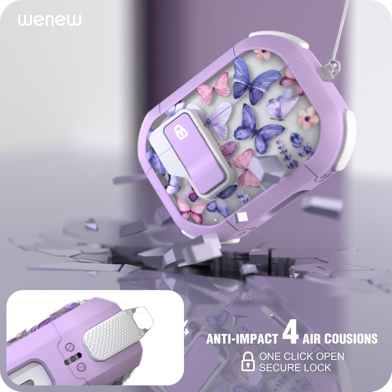 WENEW Case for AirPods Pro & Pro 2 Case Cover Secure Lock Automatic Snap Switch Clip Cleaner Kit Lanyard Women Stylish Hard Shell Full Body Front LED Visible (Purple Butterfly, AirPods Pro & Pro 2) - Image 4
