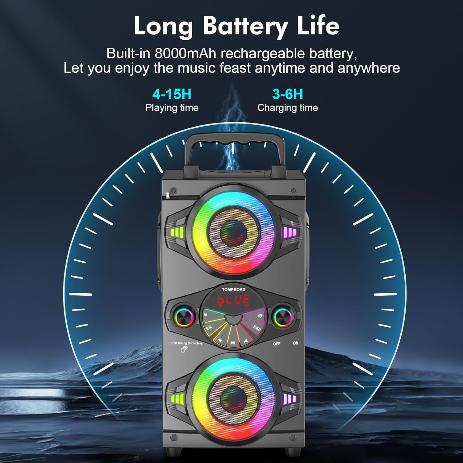 Bluetooth Speakers, 60W Portable Wireless Loud Outdoor Home Party Bluetooth Speaker with Subwoofer, FM Radio, LED Colorful Lights, Microphone, Remote and Big Powerful Stereo Deep Bass Sound Boombox - Image 5