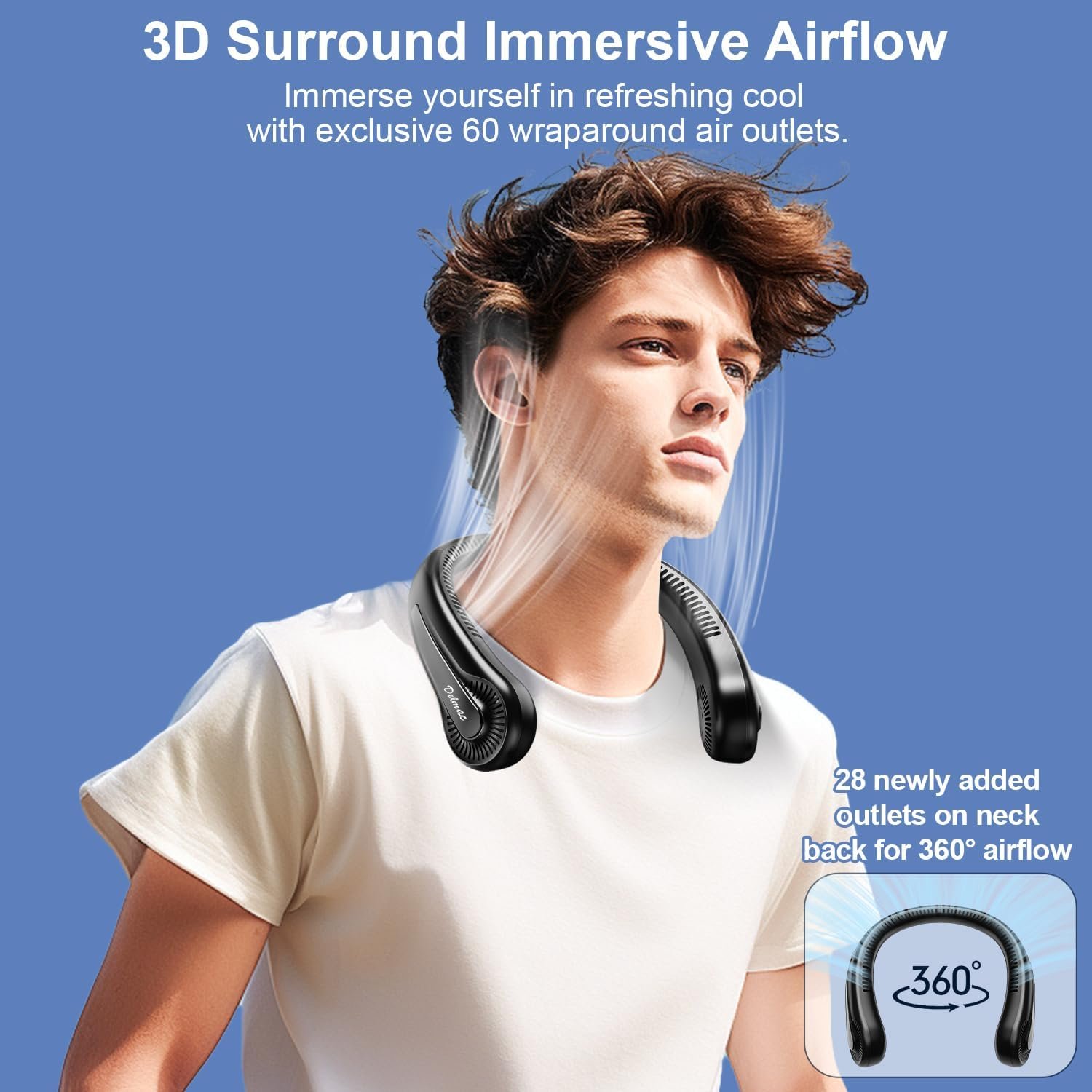 Portable Neck Fan, 6000mAh Rechargeable Personal Fan, 360° Cooling Wearable Fan, 3 Speed Adjustable Hands Free Fan, Low Noise Bladeless Fans, USB Powered Sport Fan for Indoor & Outdoor (Black) - Image 3