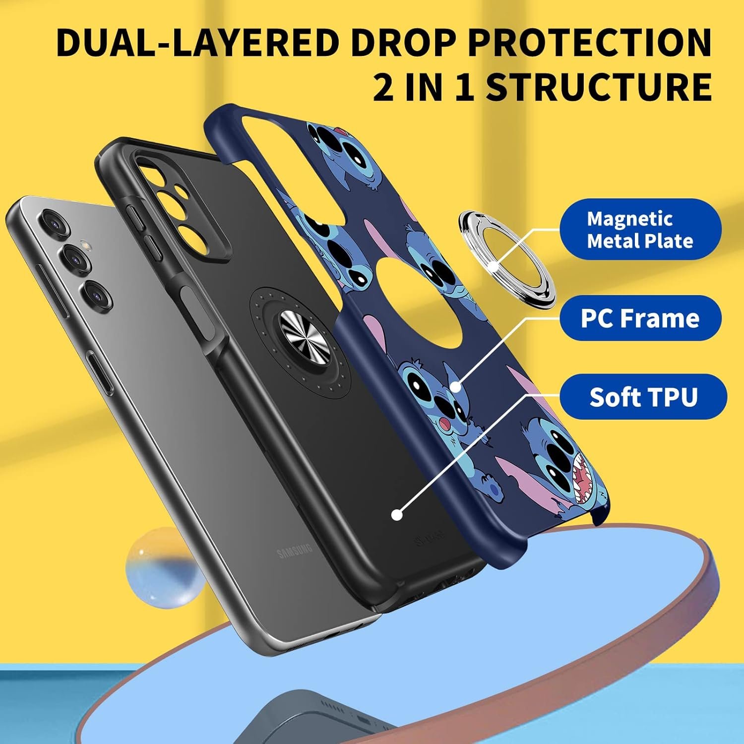 Joyleop Cute Cover for Galaxy A14 5G Phone Case Cartoon Funny Print for Girls Kids Pretty Girly with Ring Holder Stand Magnetic Kickstand Military Grade for Samsung A14 5G 6.6",Stit - Image 5