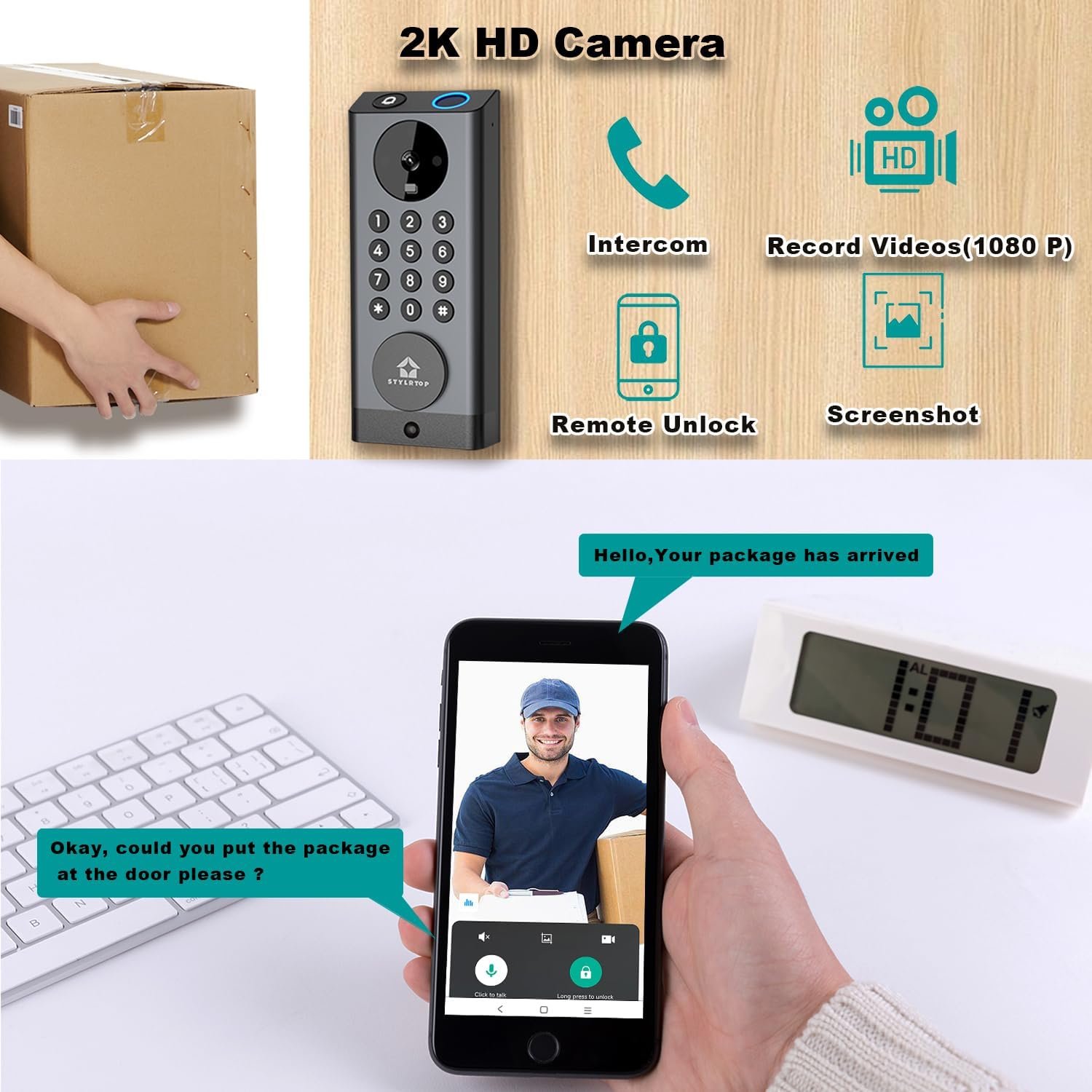 Camera Smart Lock, 3-in-1 Camera+Doorbell+Fingerprint Keyless Entry, Built-in Wi-Fi,Support Alexa, App Remote Control, Intercom,HD 2K, Deadbolt (Black) - Image 5