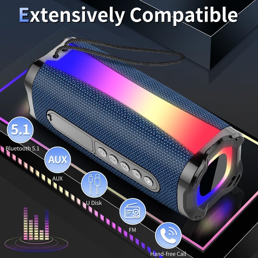 neza Portable Bluetooth Speaker, 20W HD Stereo Sound Wireless Speaker, 18H Playtime Bluetooth Speakers with RGB Flashing Lights, Bluetooth 5.1, IPX7 Waterproof Speakers for Travel/Home/Outdoors Blue - Image 4