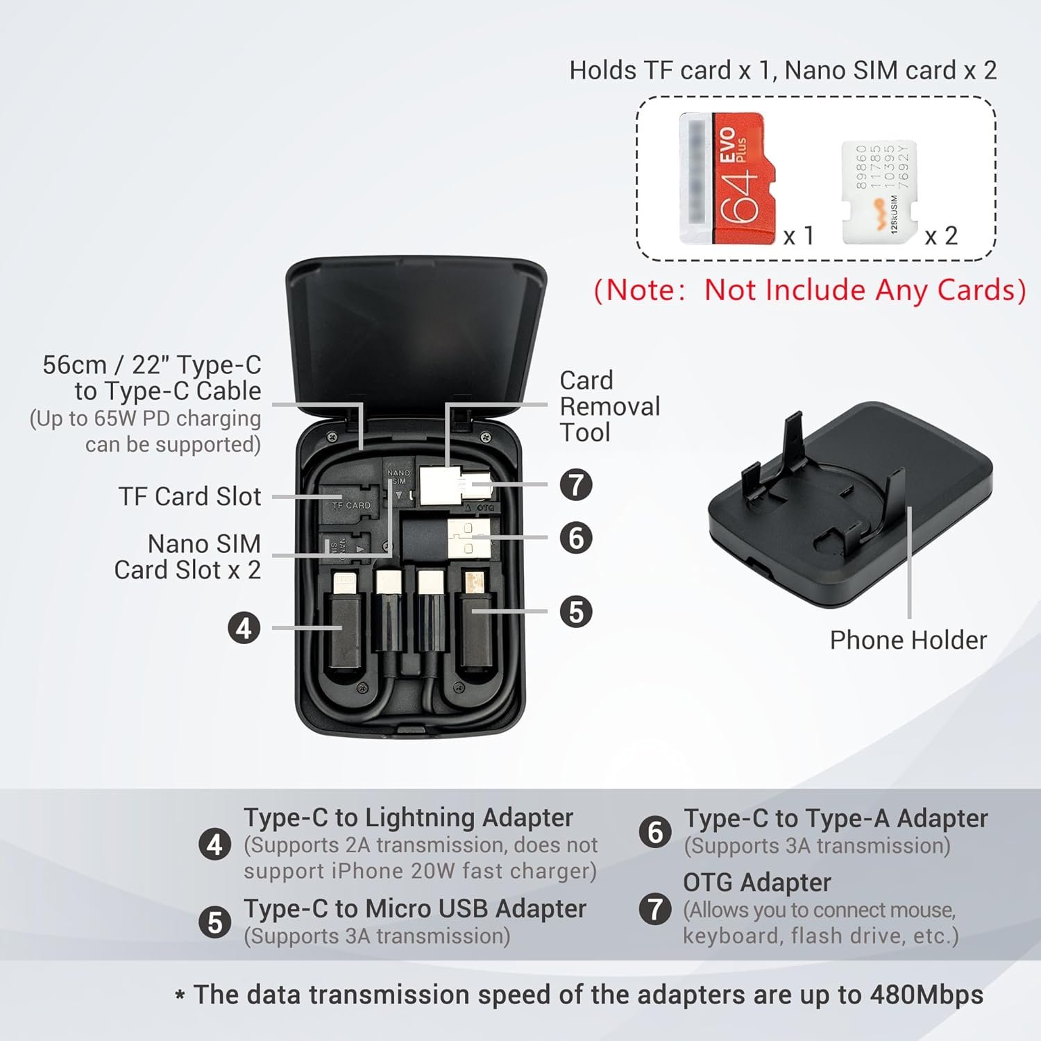 Multi-Functional Compact Cable Card with 22" USB-C Cable & USB-A/Micro-USB/Light/OTG USB Adapter Kit Cable Convertor Storage Box for Traveling Phone Pad Charging PC Computer Data Transfer - Image 3