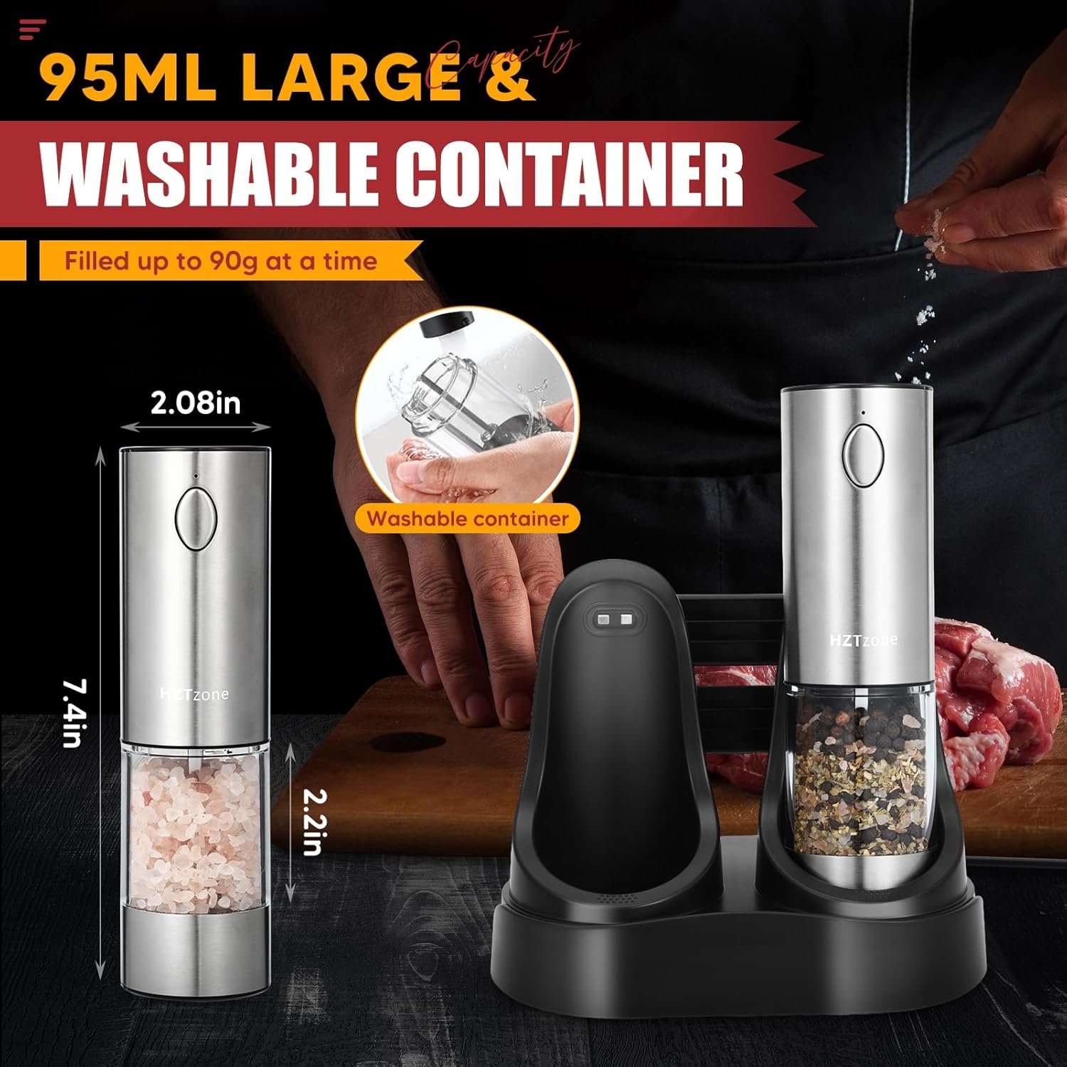 Electric Salt and Pepper Grinder Set with Charging Base, Stainless Steel Rechargeable Pepper Mills with 95ml Large Capacity, White LED Light and Adjustable Coarseness Grinder Ideal for Home, Kitchen - Image 6
