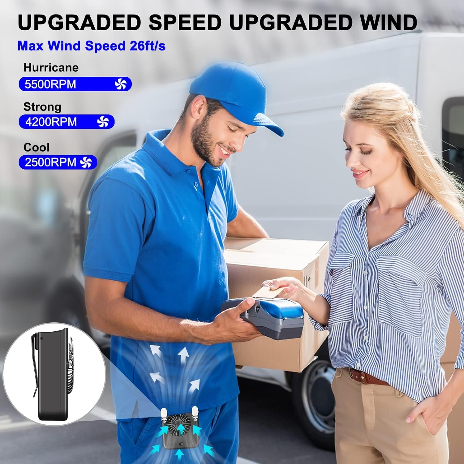 Waist Clip Fan & Neck Fan 2 in 1, Portable Rechargeable Clip on Fan with 3 Speeds, 8000mAh Battery Operated Powerful Cooling Shirt Fan & Belt Fan for Camping, Hiking, Fishing, Working - Image 4