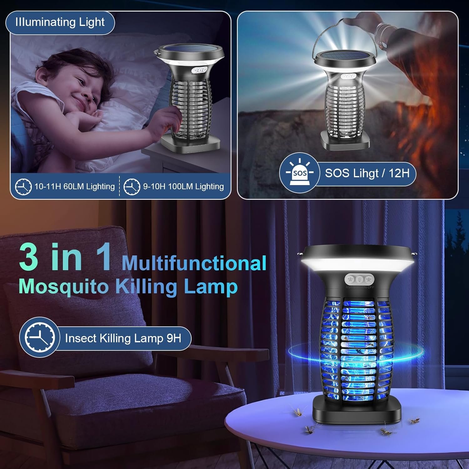Solar Bug Zapper Outdoor, 3-in-1 Mosquito Zapper Outdoor Solar Powered, Cordless Electric Bug Zapper Indoor with Night Light, Waterproof Fly Zapper for Patio Backyard Home Kitchen Camping - Image 4