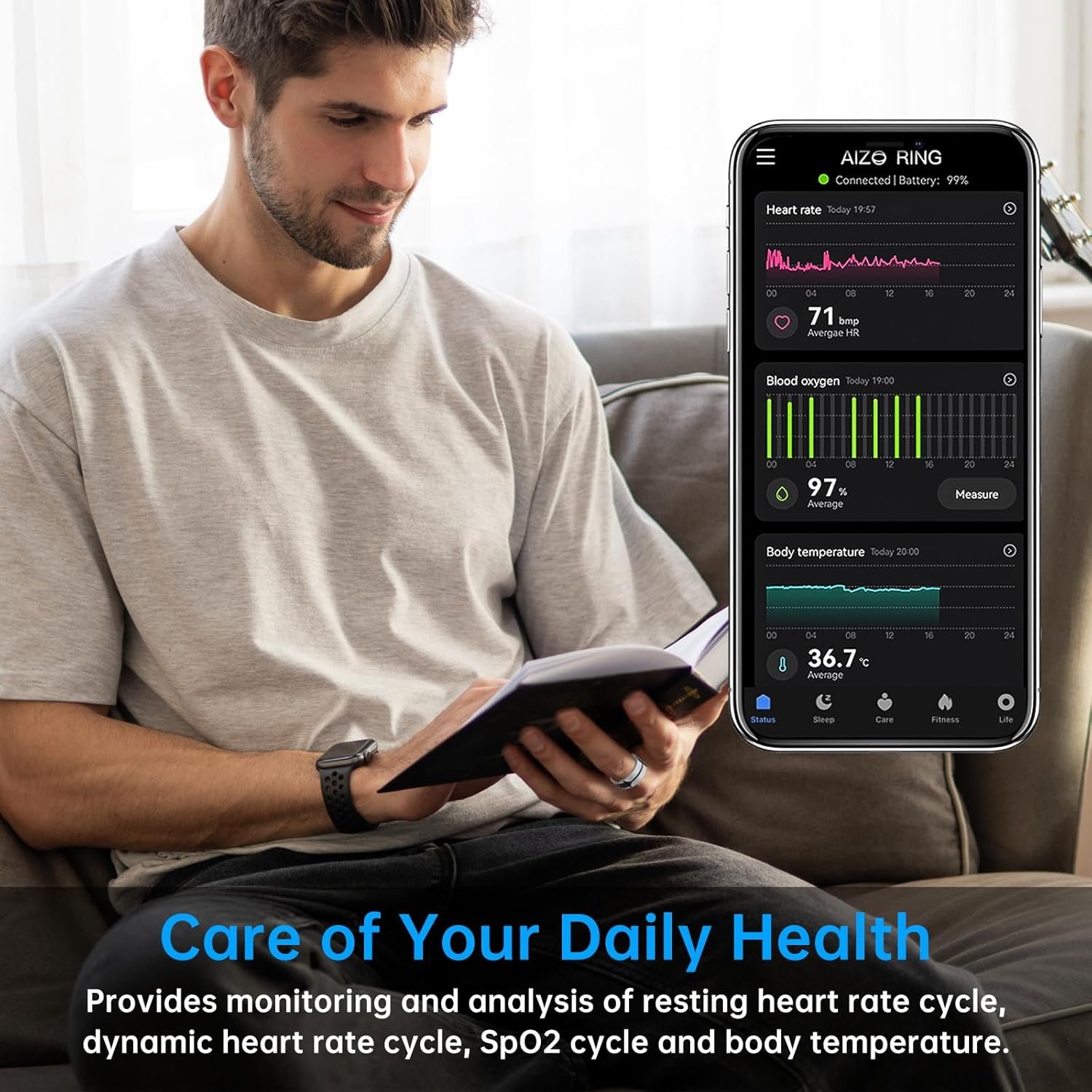 Smart Ring, Fitness Ring Tracker, Health Monitoring of Heart Rate, Blood Oxygen, Temp, Activity & Sleep Tracking with Smart Touch, LED Reminder, Smart Rings for Men Women with Battery Case - Image 4