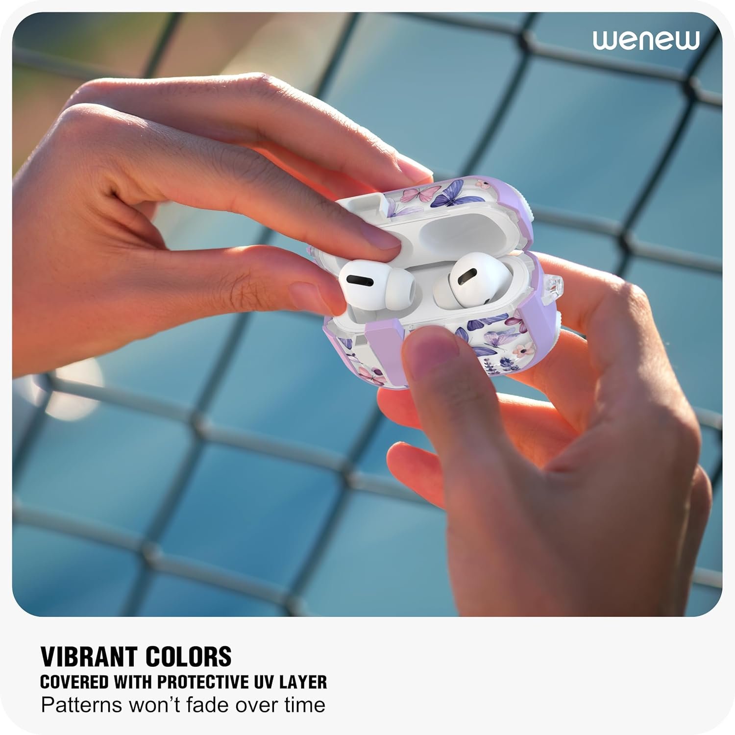 WENEW Case for AirPods Pro & Pro 2 Case Cover Secure Lock Automatic Snap Switch Clip Cleaner Kit Lanyard Women Stylish Hard Shell Full Body Front LED Visible (Purple Butterfly, AirPods Pro & Pro 2) - Image 8