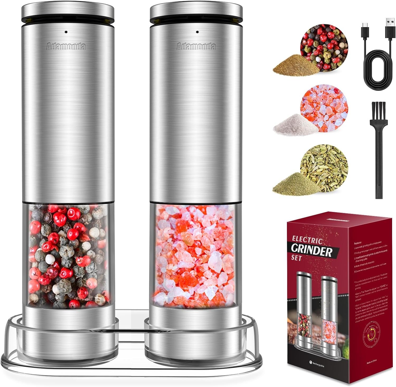 2 Packs Lighted Stainless Steel Rechargeable Electric Salt and Pepper Grinder Set with Adjustable Coarseness,One Hand Operation Automatic Salt and Pepper Mill Grinder Shakers - Image 2