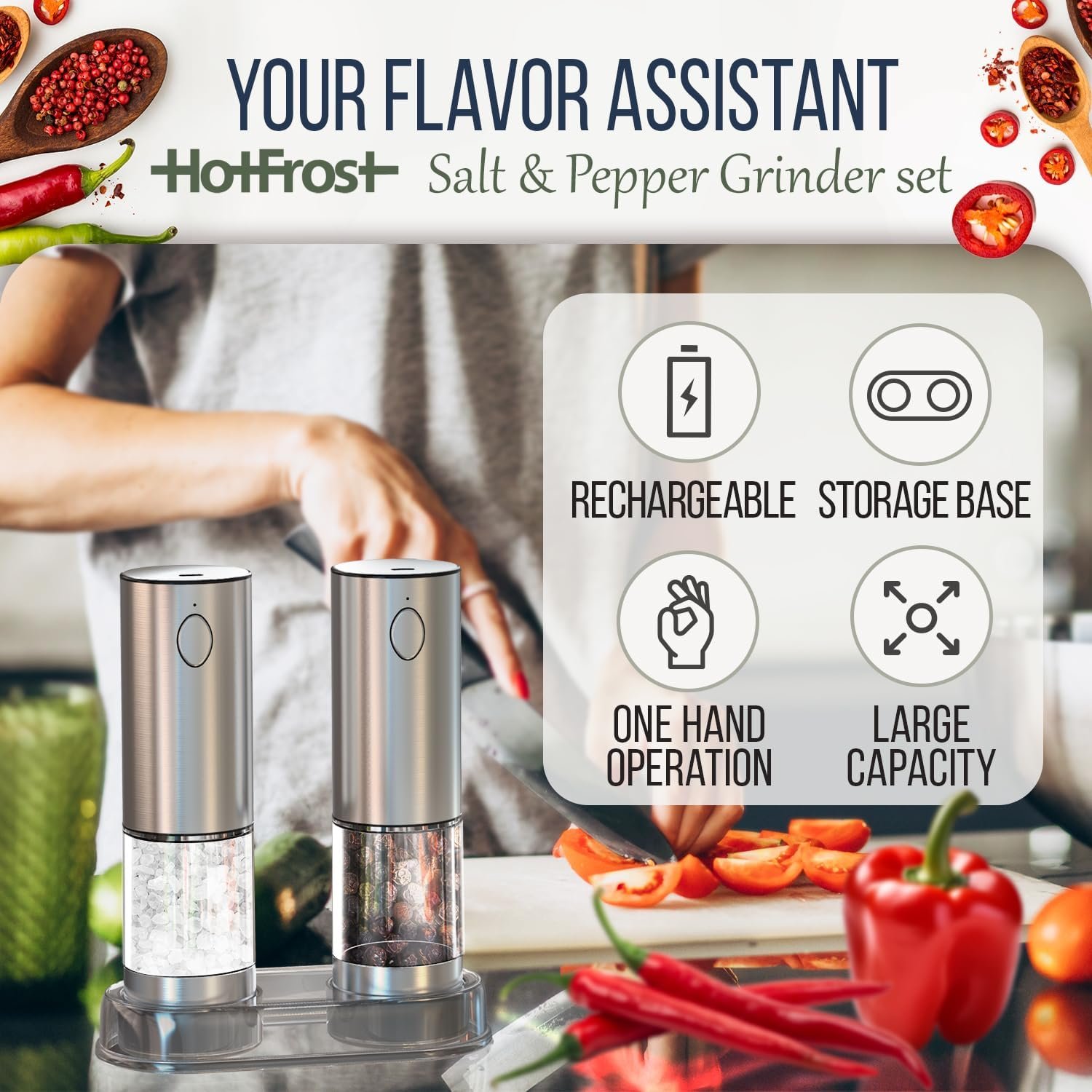 Electric Salt and Pepper Grinder Set – Automatic Salt and Pepper Grinder Set with LED Light – Stainless Steel Electric Salt and Pepper Shakers – Rechargeable Spice Grinder for Kitchen - Image 5