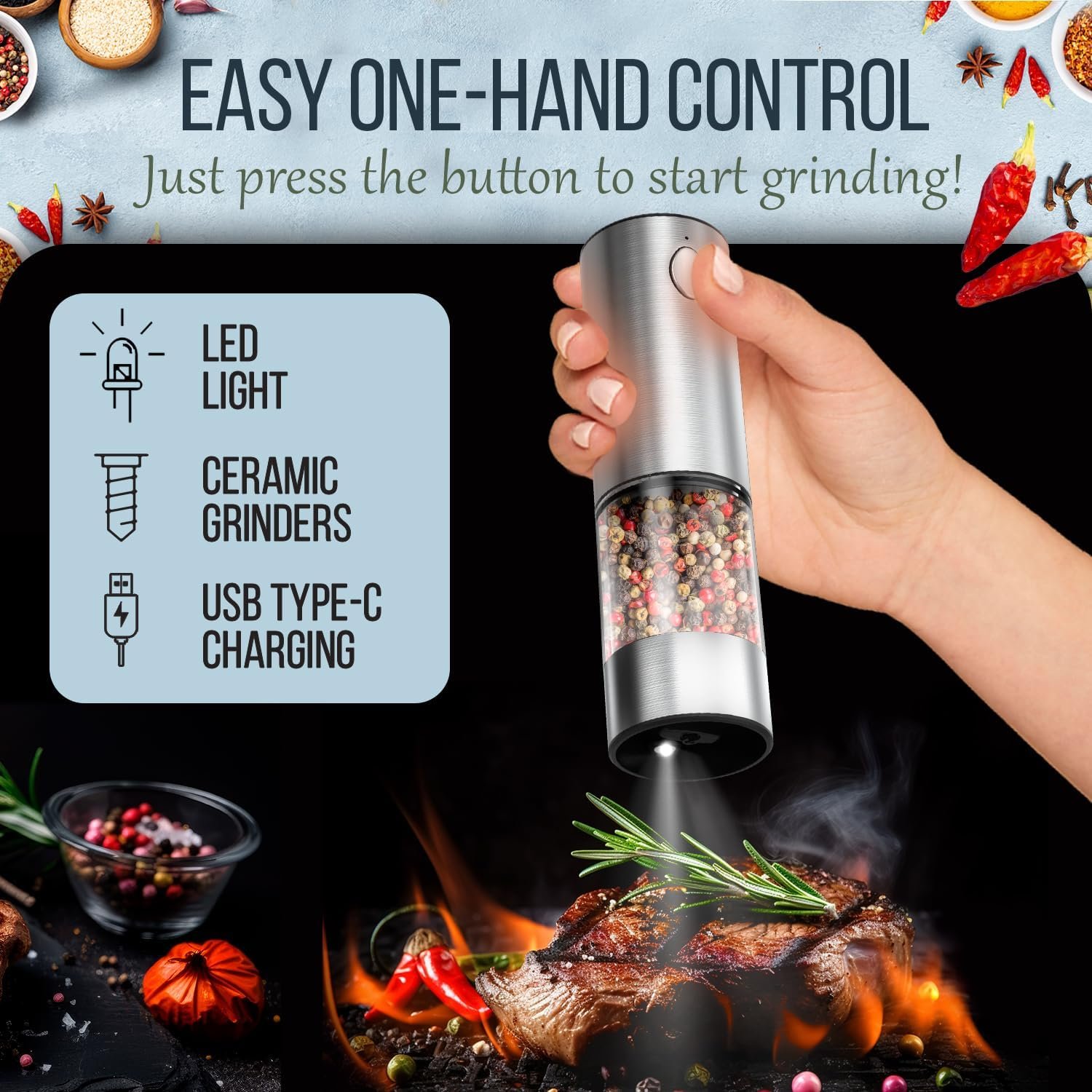 Electric Salt and Pepper Grinder Set – Automatic Salt and Pepper Grinder Set with LED Light – Stainless Steel Electric Salt and Pepper Shakers – Rechargeable Spice Grinder for Kitchen - Image 3