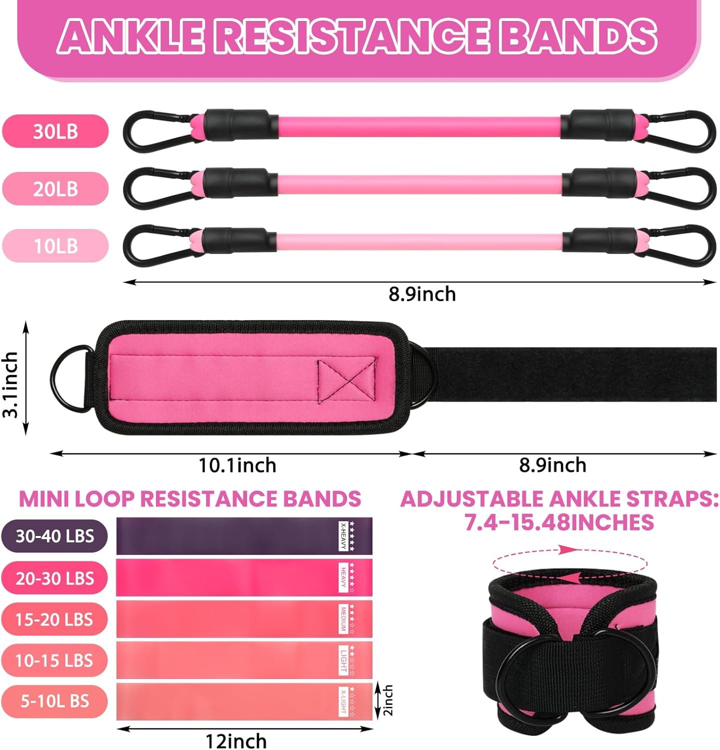 Ankle Resistance Bands with Cuffs - 11 Pcs Ankle Bands for Working Out, (3pcs-3 Resistant Level) Ankle Resistance Bands, 5pcs Mini Bands Resistance, 2 Pcs Ankle Straps for Cable Machines Women - Image 5