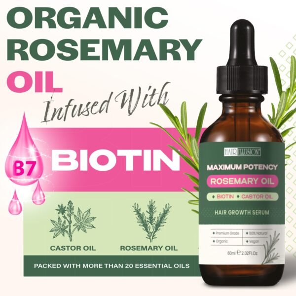 100% NATURAL ORGANIC ROSEMARY MINT OIL | Maximum Potency | Infused With Biotin & Castor Oil | Hair Growth Treatment |Stimulate Growth for Eyelashes, Eyebrows | Damaged Hair | Split Ends | - Image 3