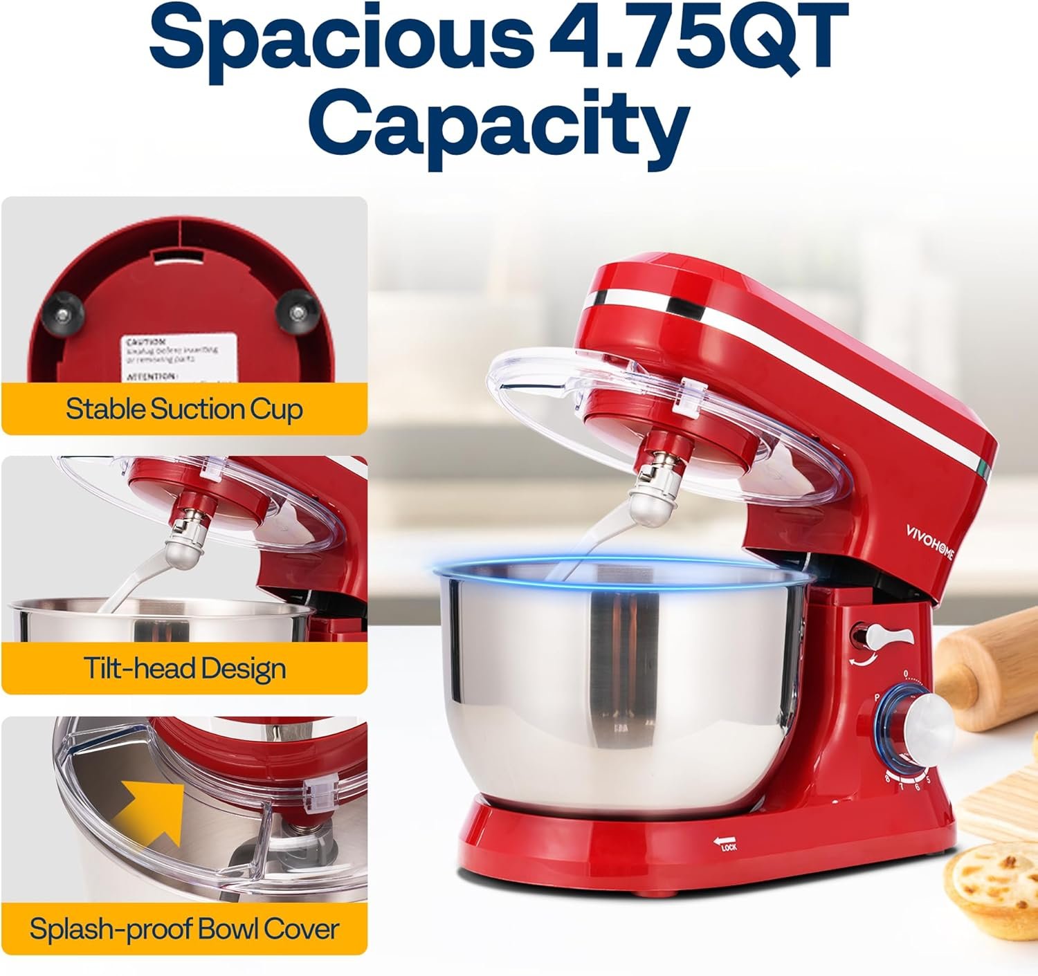VIVOHOME 4.75 Quart Stand Mixer, 8 Speed Kitchen Electric Food Mixer, Household Stand Mixer for Baking, Cake, Bread with Beater, Dough Hook, Wire Whip and Egg Separator, Red - Image 8