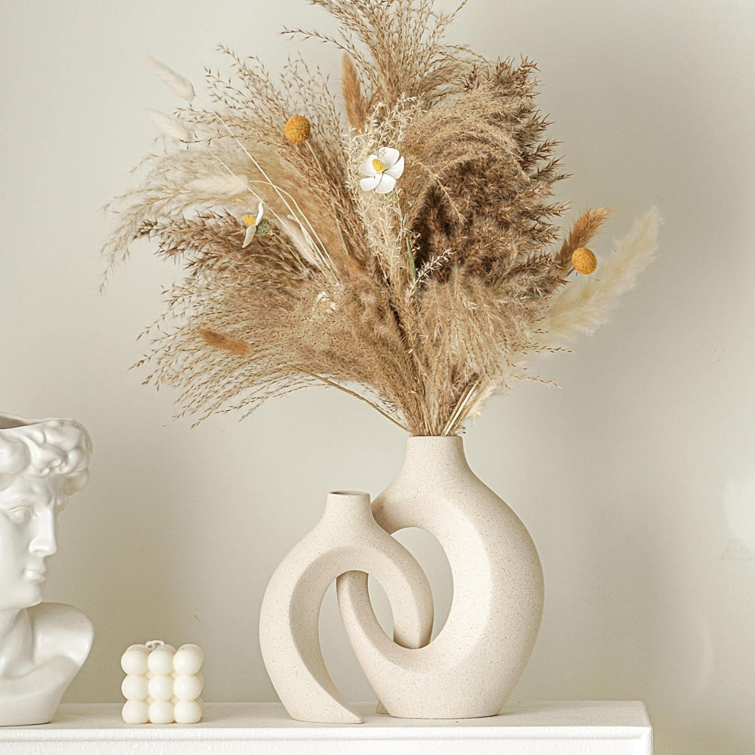 Snuggle Hollow Ceramic Vase Set of 2, Nordic Modern Boho ins Style Decorative Ceramic Aesthetic Flower Vase for Home Decor (Milky White W 6.3" X H 8.4") - Image 4