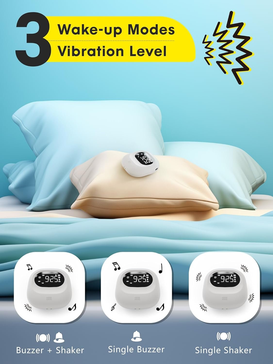 Vibrating Alarm Clock for Heavy Sleepers Adults Kids, Rechargeable Battery Powered Bed Shaker Under Pillow for Hearing Impaired/Deaf, Loud Dual Alarms for Bedrooms Travel, Portable Digital Clock, DST - Image 4