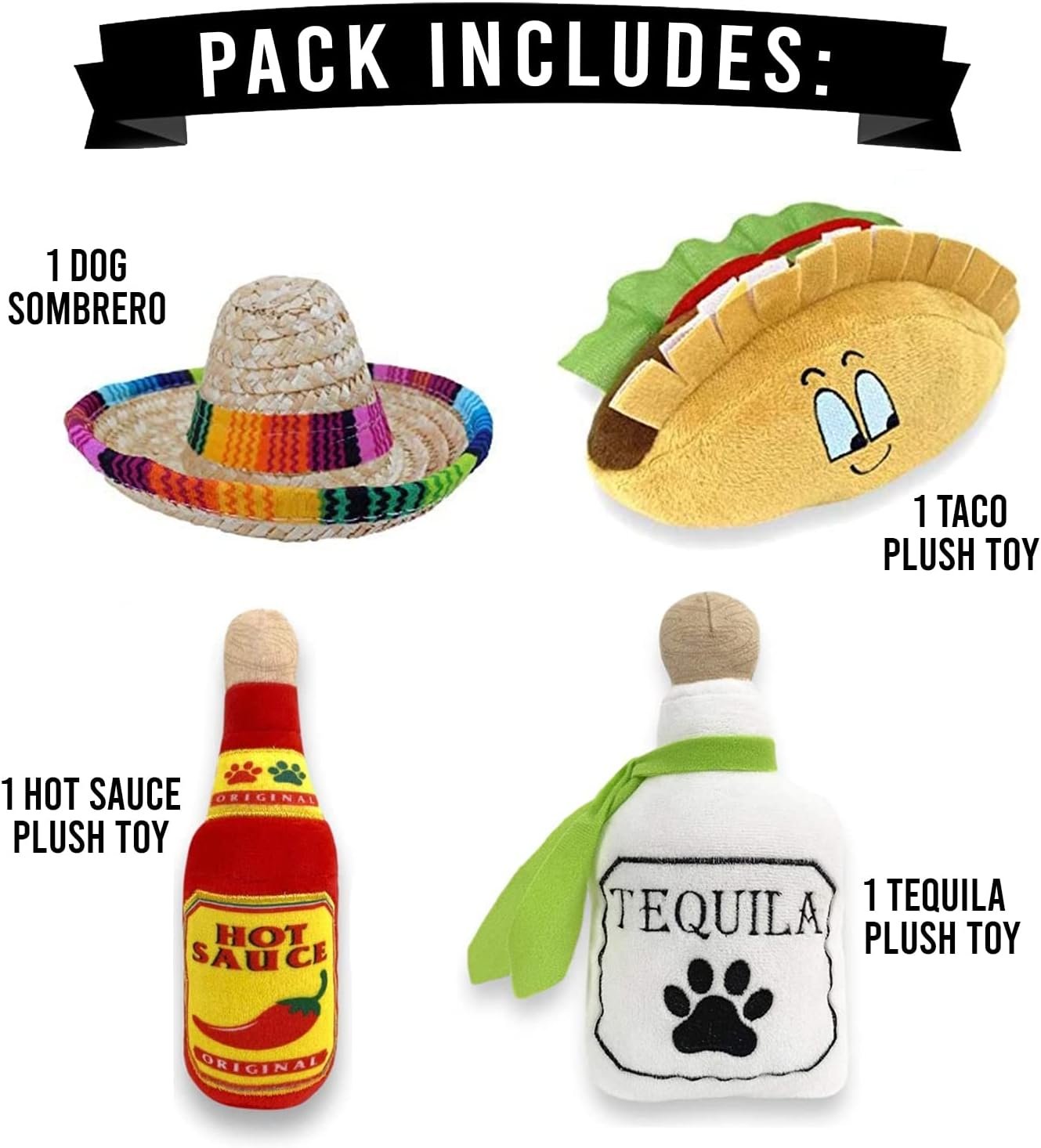 4 Pack Fiesta Dog Chew Toys and Sombrero - Mexican Squeak Plush Toys - Dog Gifts for Chihuahuas - Taco - Tequila - Hot Sauce - for All Breeds - Image 4