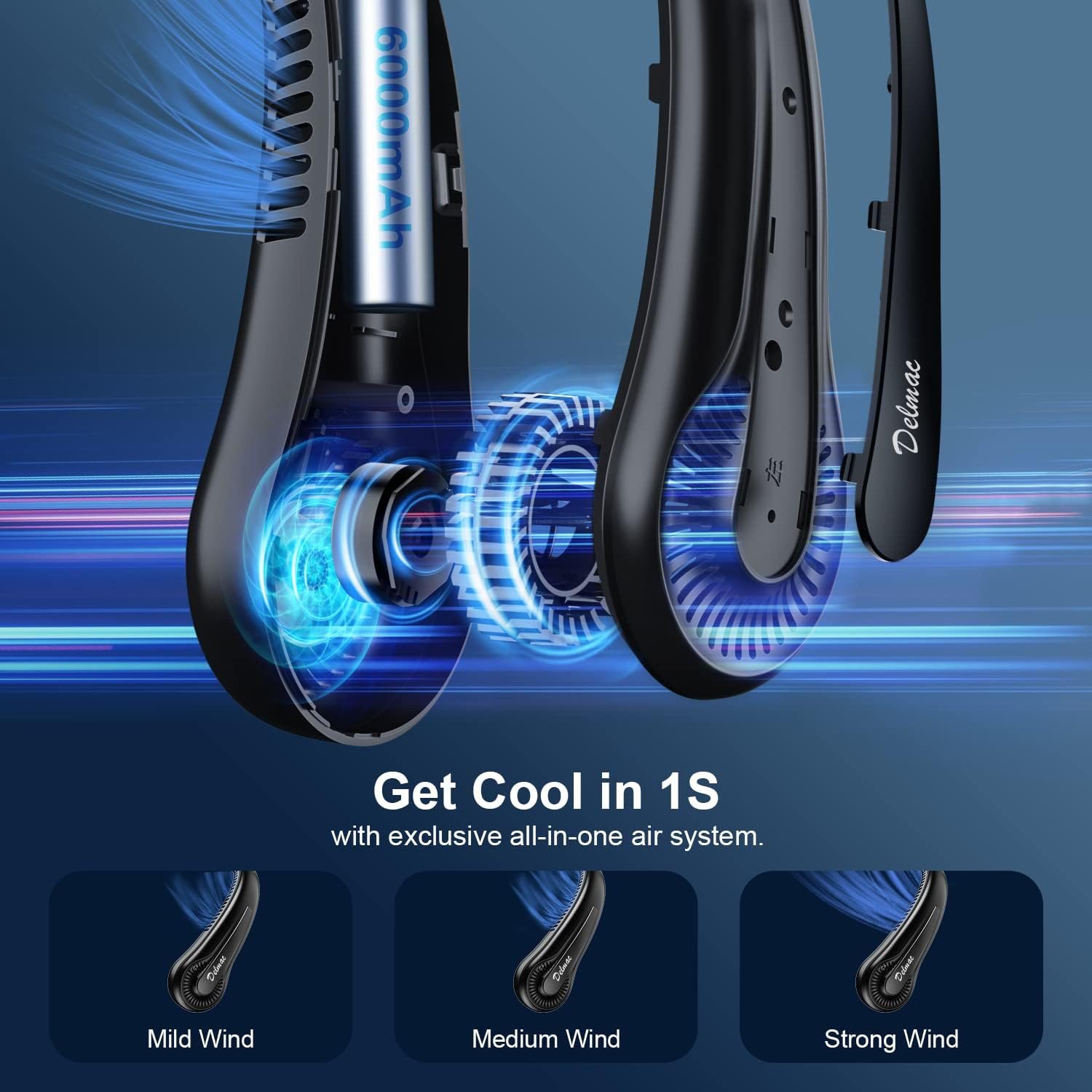 Portable Neck Fan, 6000mAh Rechargeable Personal Fan, 360° Cooling Wearable Fan, 3 Speed Adjustable Hands Free Fan, Low Noise Bladeless Fans, USB Powered Sport Fan for Indoor & Outdoor (Black) - Image 4