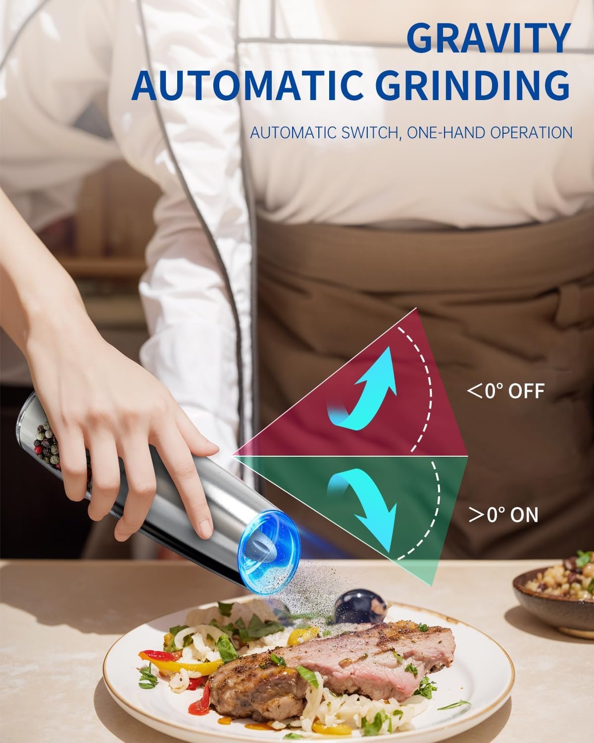 CIRCLE JOY Graviry Electric Salt and Pepper Grinder Set Automatic Stainless Steel Salt and Pepper Grinder Set, Battery Operated, LED Light, Adjustable Coarseness, for Home Kitchen BBQ, Silver - Image 3