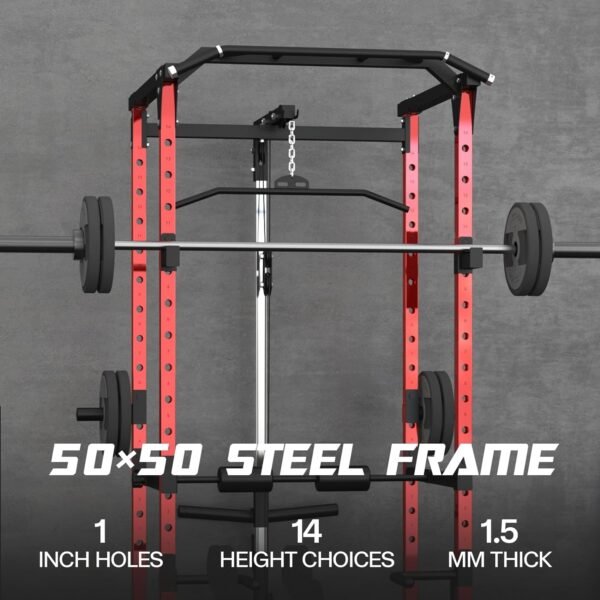 1500 LBS Power Cage, Squat Rack for Home Gym with LAT Pullup System with 3 Grip Variations, Leg Hold-Down Attachment, Weight Cage with More Training Attachment for Garage Workout, Q2 Red - Image 6