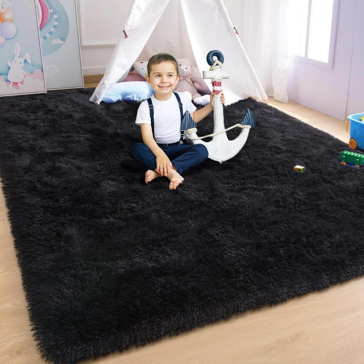 YJ.GWL Soft Area Rugs for Bedroom Living Room Plush Fluffy Rug 4x6 Feet, Black Shag Rug Carpet Non Shedding for Nursery Playroom Dorm, Indoor Modern Fuzzy Rug for Kids Girls Room Home Decor - Image 7