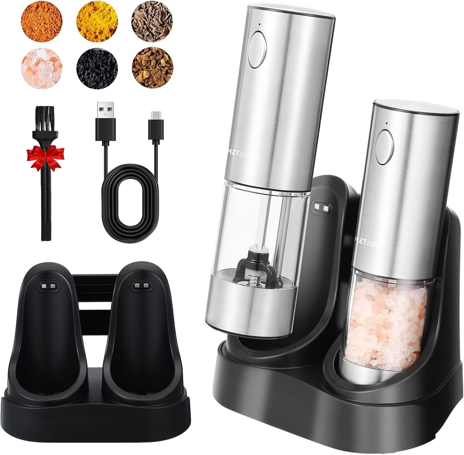 Electric Salt and Pepper Grinder Set with Charging Base, Stainless Steel Rechargeable Pepper Mills with 95ml Large Capacity, White LED Light and Adjustable Coarseness Grinder Ideal for Home, Kitchen - Image 2